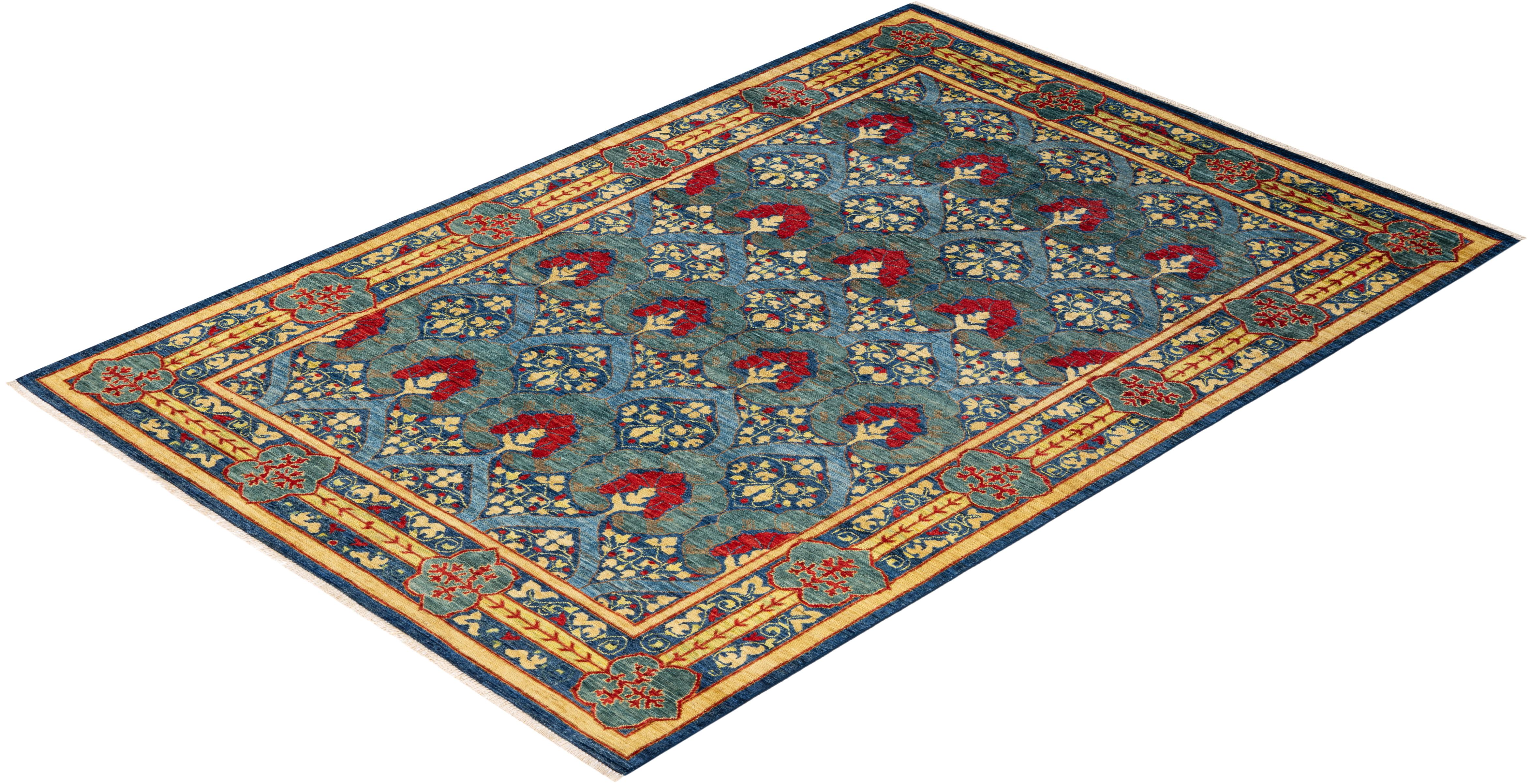 Contemporary Arts & Crafts Hand Knotted Wool Blue Area Rug For Sale 4