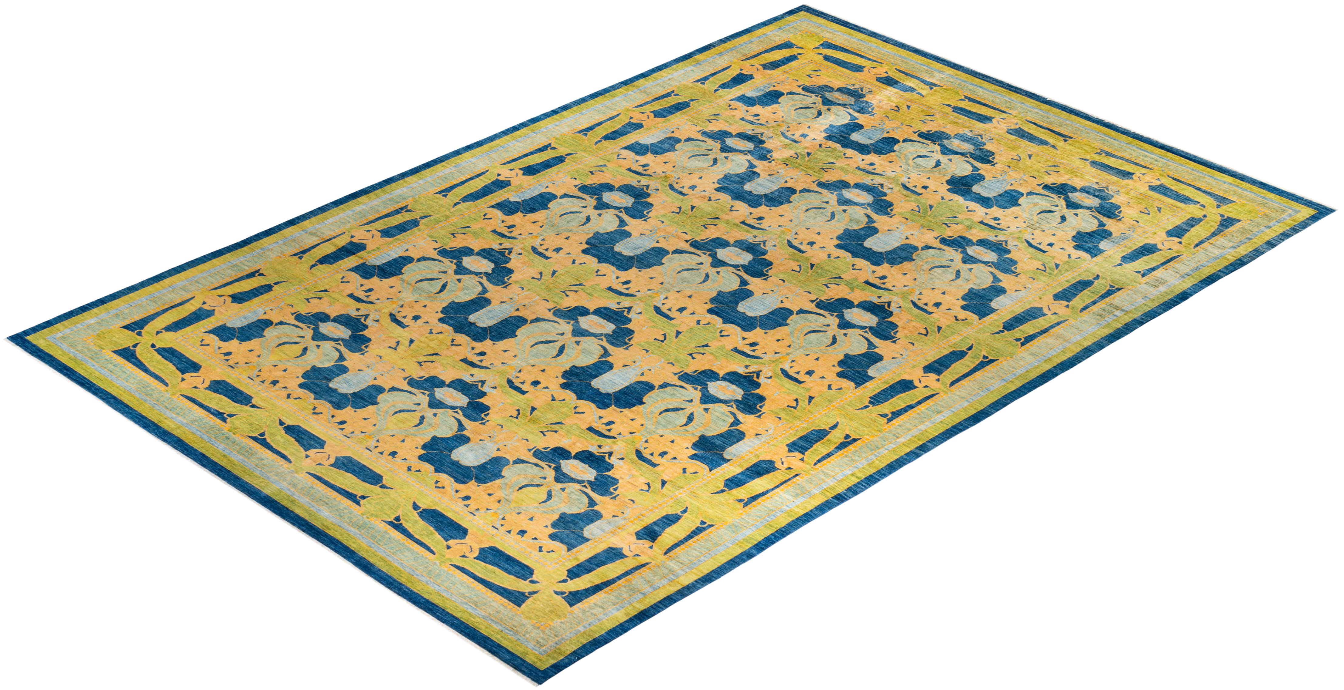 Contemporary Arts & Crafts Hand Knotted Wool Blue Area Rug For Sale 4
