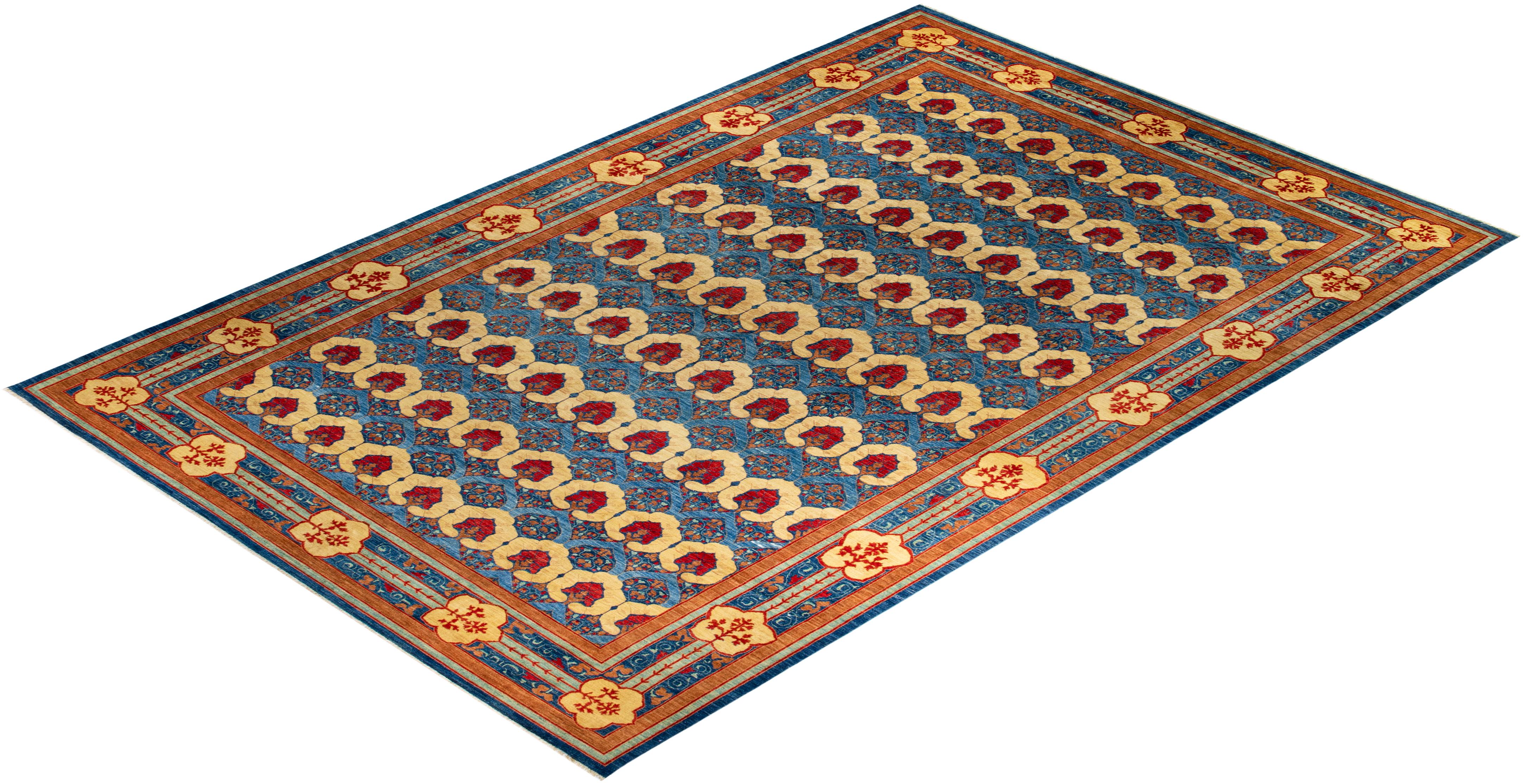 Contemporary Arts & Crafts Hand Knotted Wool Blue Area Rug im Angebot 2