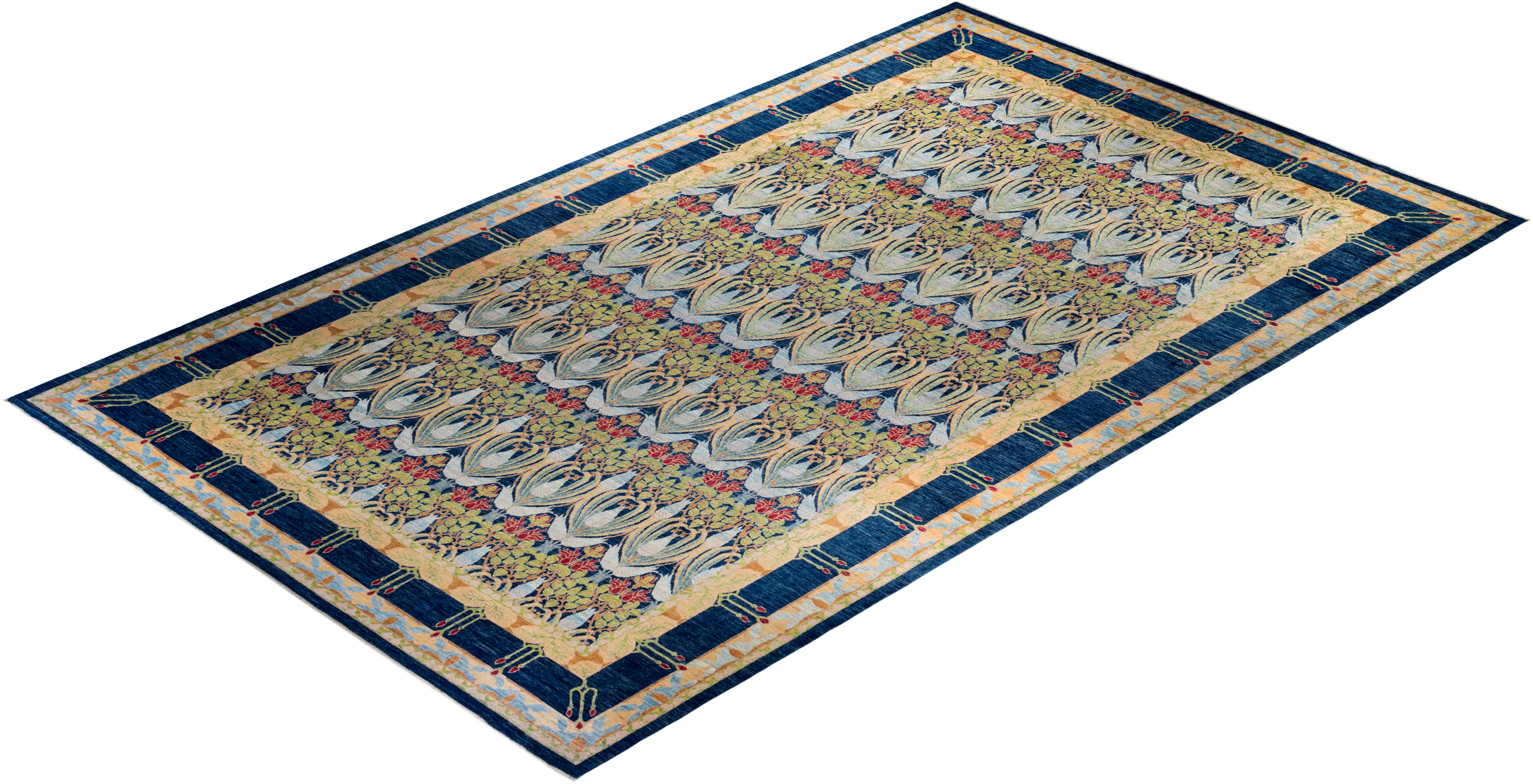 Contemporary Arts & Crafts Hand Knotted Wool Blue Area Rug For Sale 4