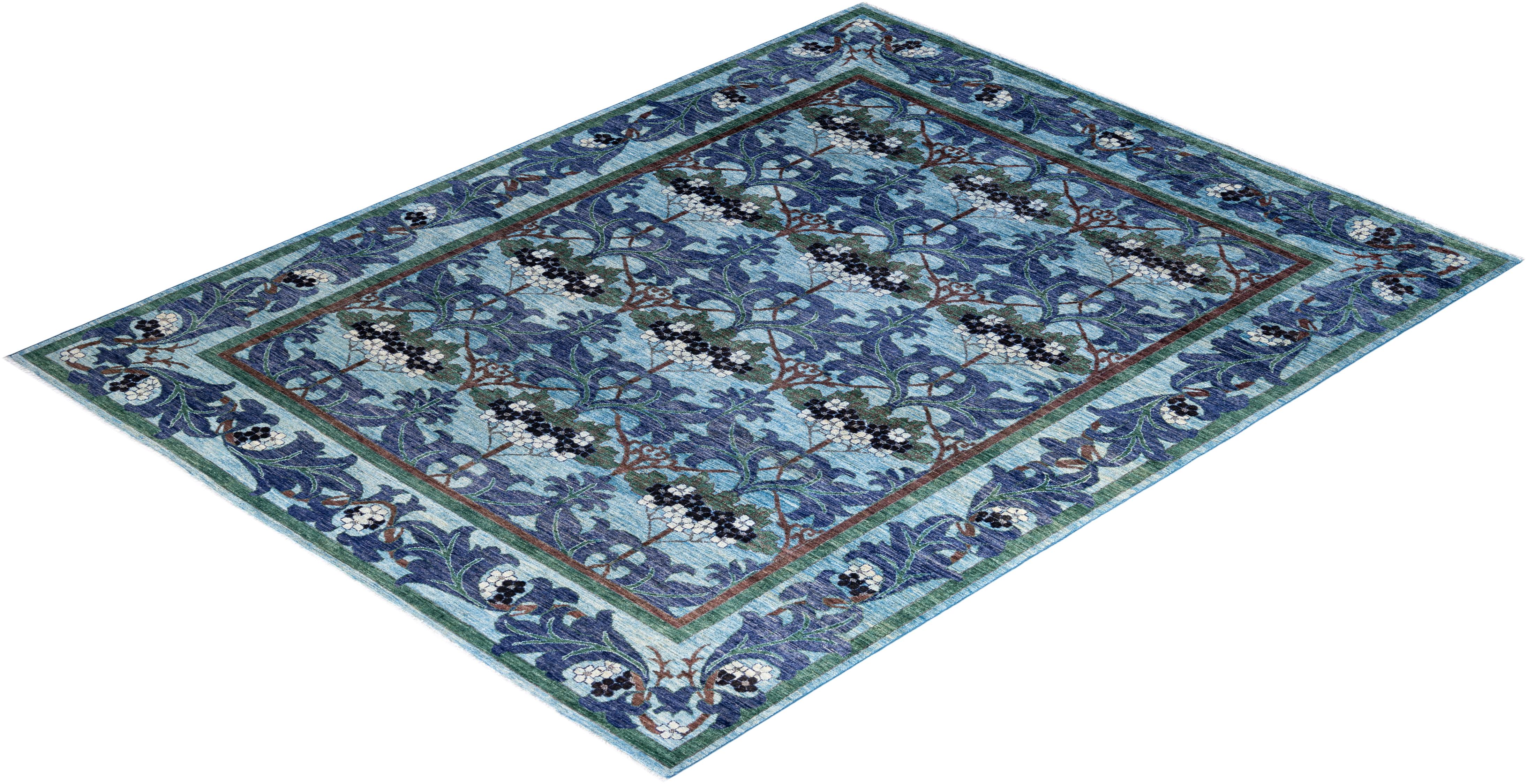 Contemporary Arts & Crafts Hand Knotted Wool Blue Area Rug  For Sale 4
