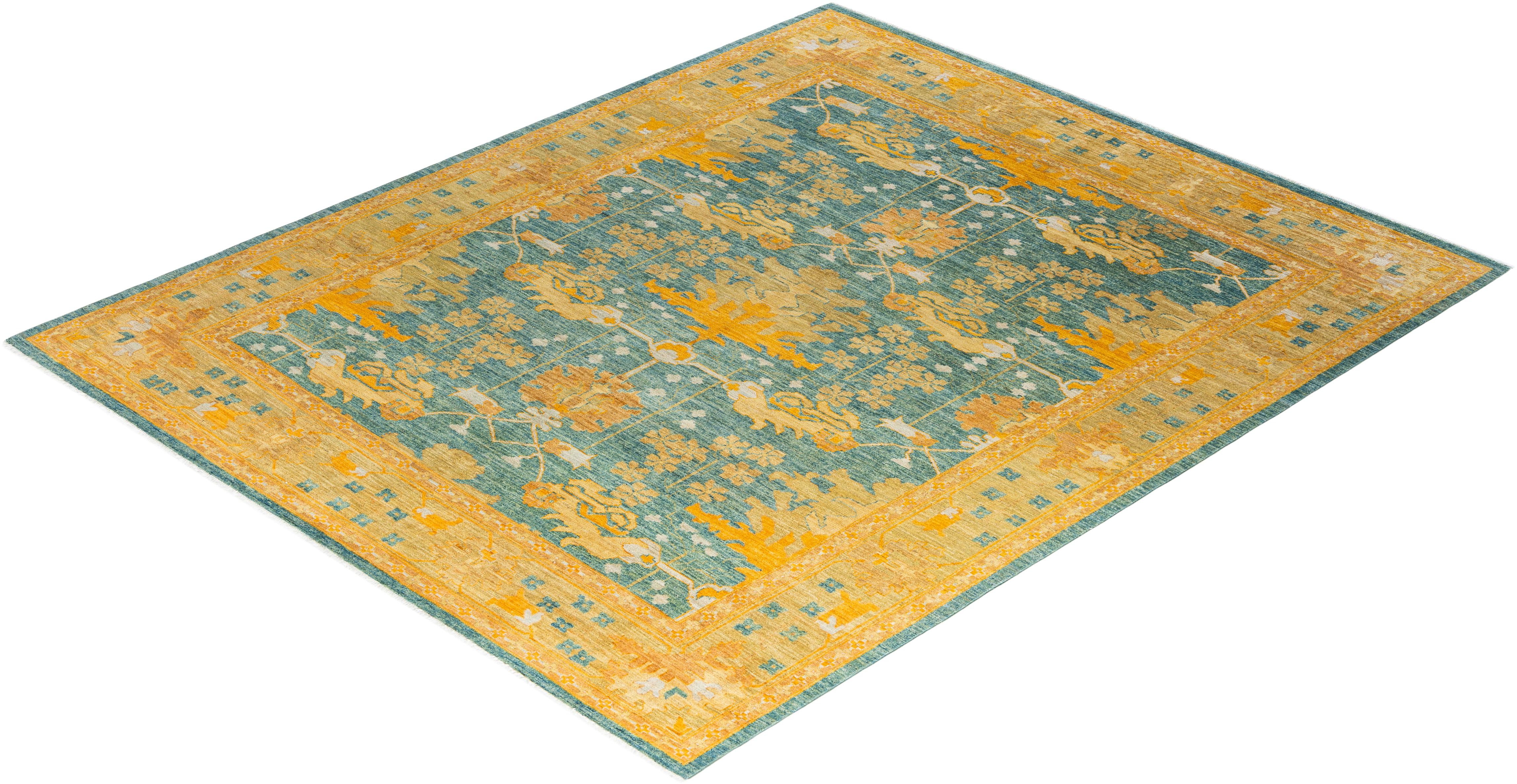 Tappeto contemporaneo Arts & Crafts in lana annodata a mano di colore blu in vendita 2