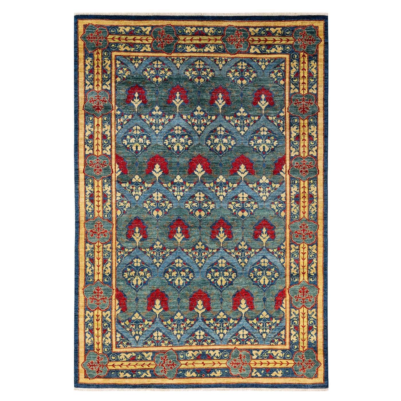 Contemporary Arts and Crafts Hand Knotted Wool Blue Area Rug For Sale ...