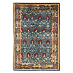 Contemporary Arts & Crafts Hand Knotted Wool Blue Area Rug