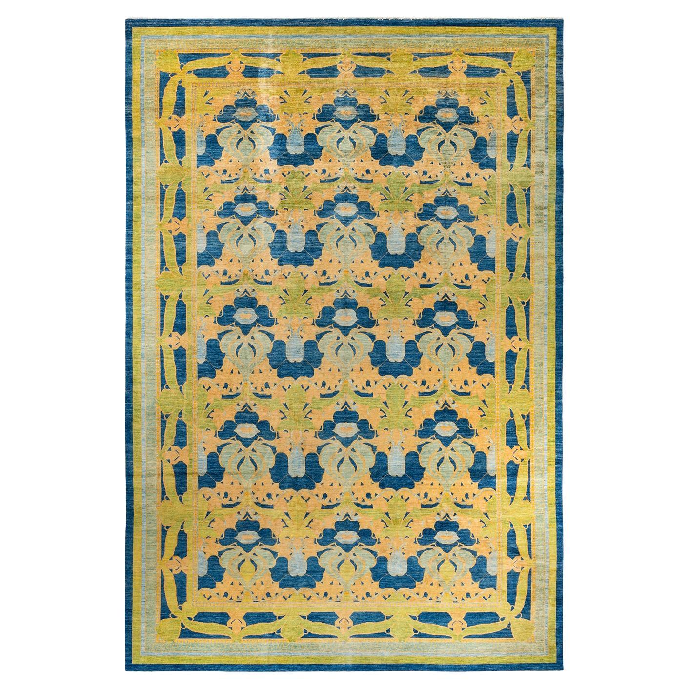 Contemporary Arts & Crafts Hand Knotted Wool Blue Area Rug For Sale