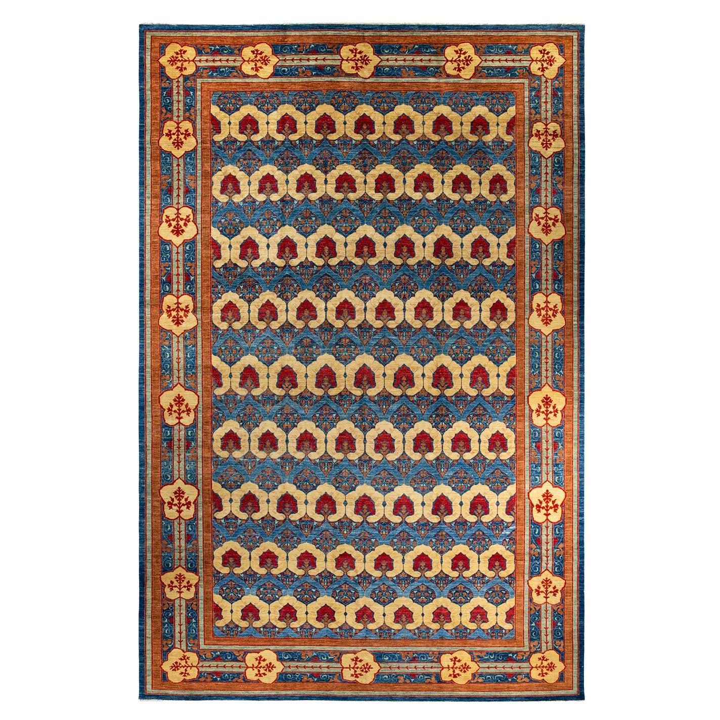 Contemporary Arts & Crafts Hand Knotted Wool Blue Area Rug For Sale