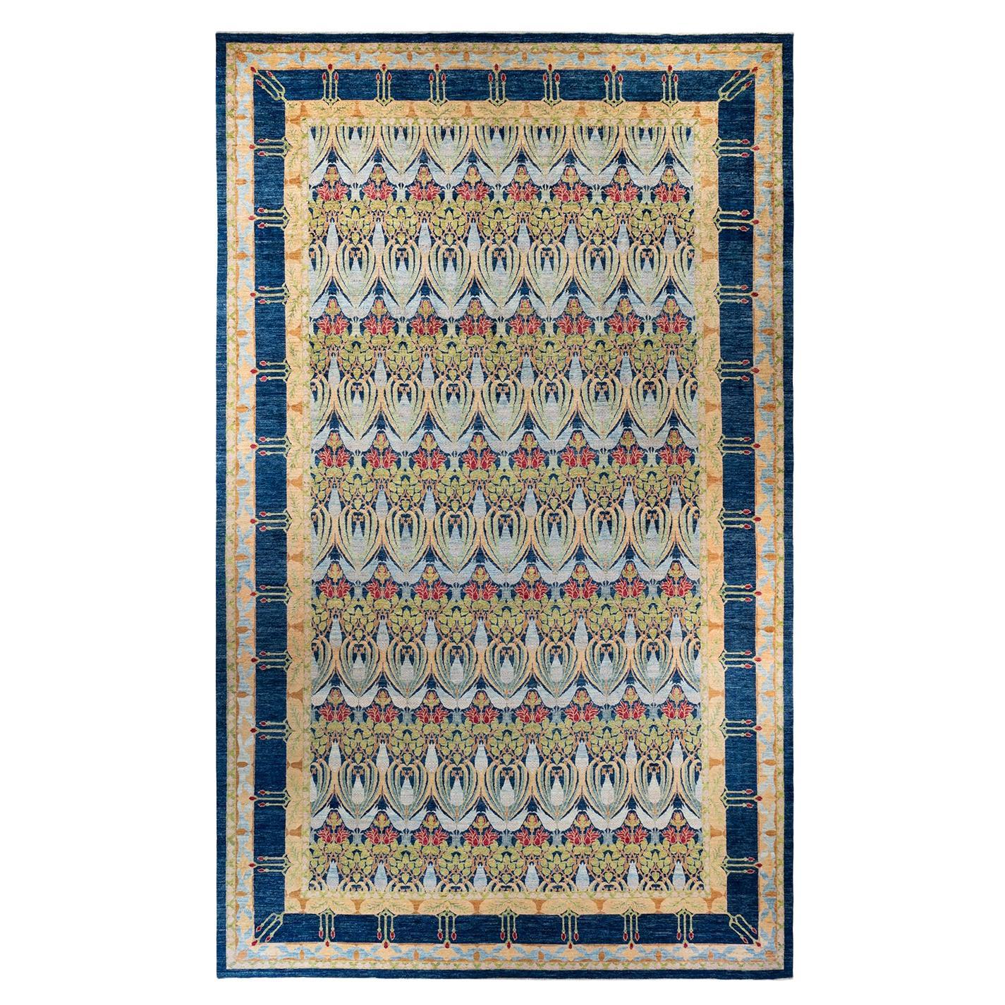 Contemporary Arts & Crafts Hand Knotted Wool Blue Area Rug For Sale