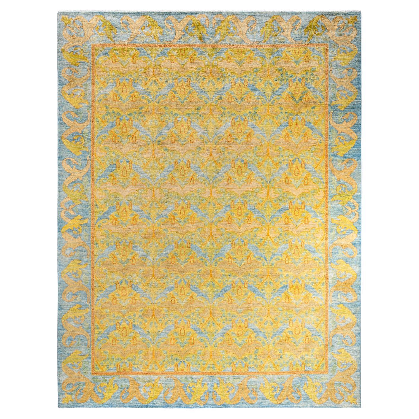 Contemporary Arts & Crafts Hand Knotted Wool Blue Area Rug  For Sale