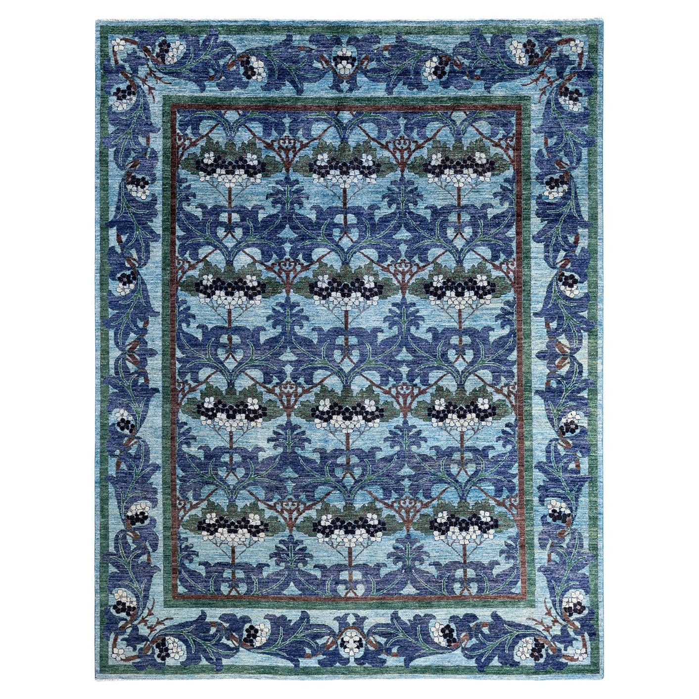 Contemporary Arts & Crafts Hand Knotted Wool Blue Area Rug  For Sale
