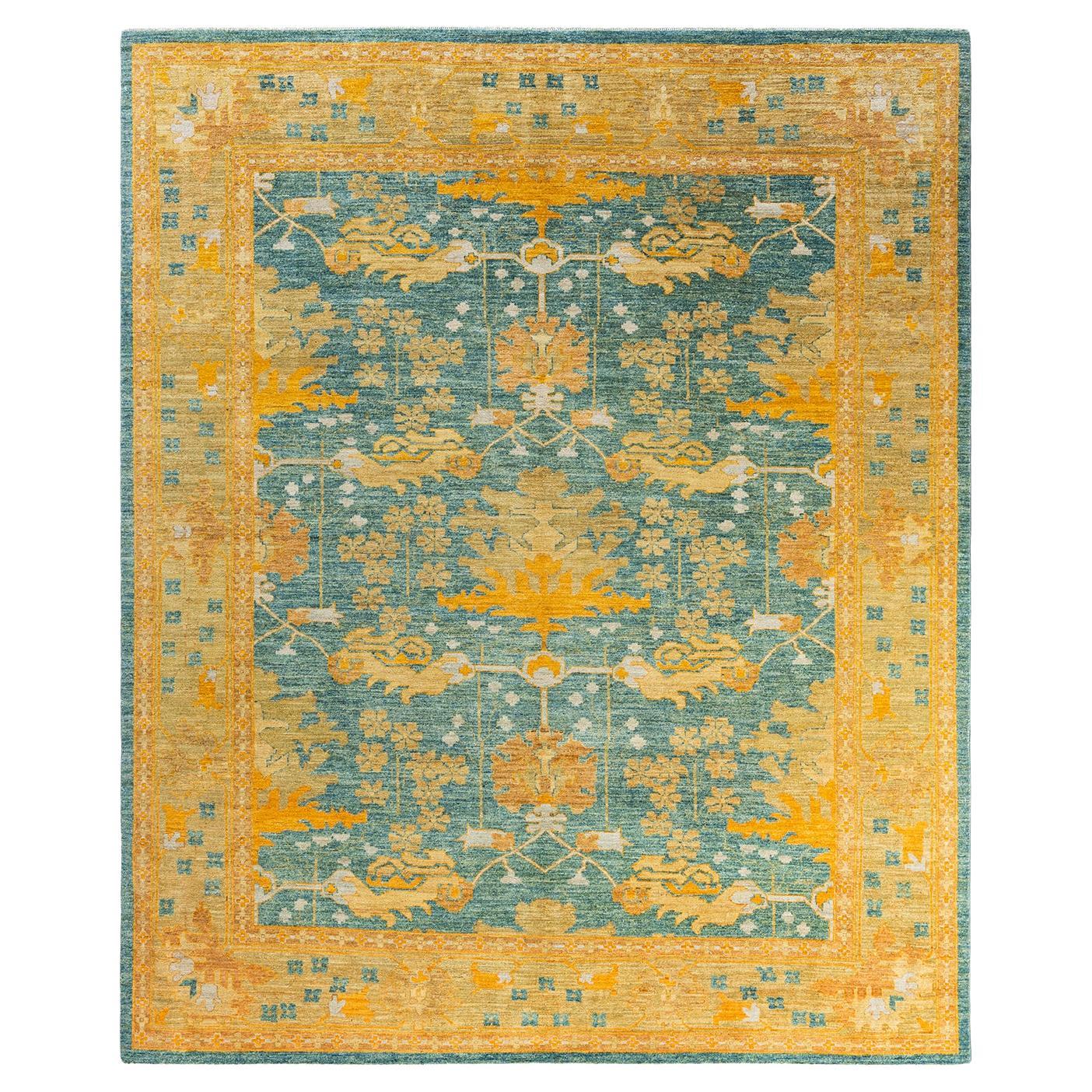 Contemporary Arts & Crafts Hand Knotted Wool Blue Area Rug