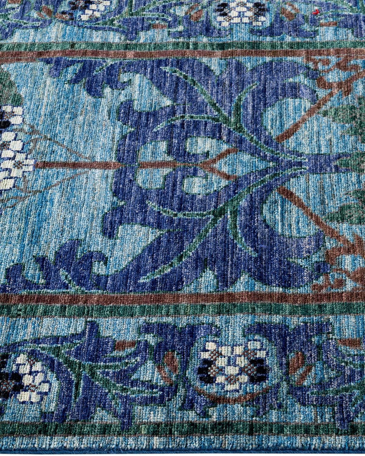 Contemporary Arts & Crafts Hand Knotted Wool Blue Runner In New Condition For Sale In Norwalk, CT