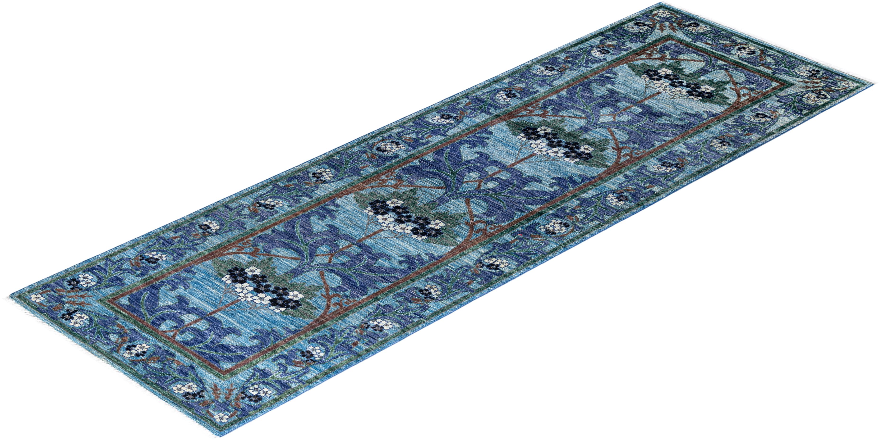 Contemporary Arts & Crafts Hand Knotted Wool Blue Runner For Sale 4