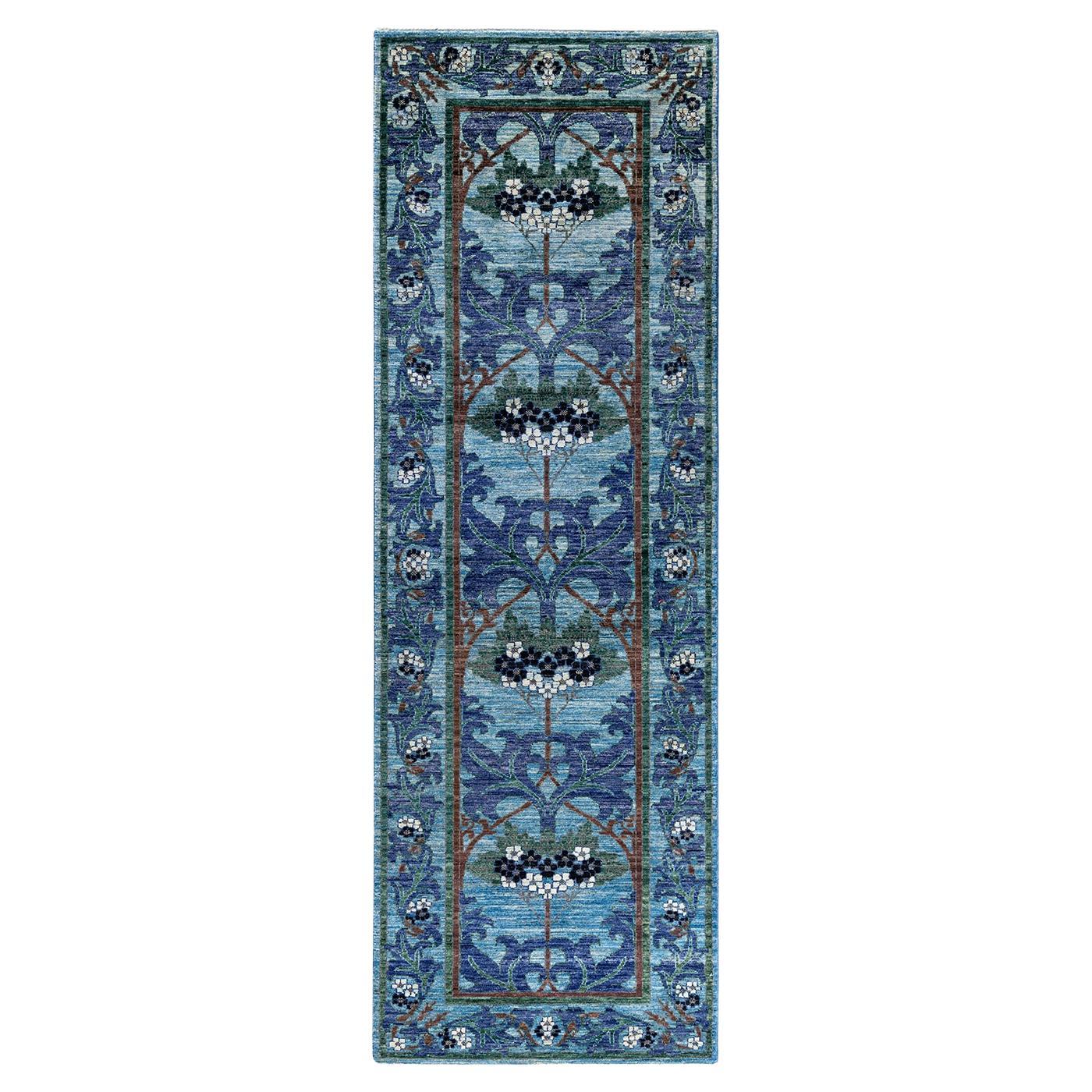 Contemporary Arts & Crafts Hand Knotted Wool Blue Runner im Angebot