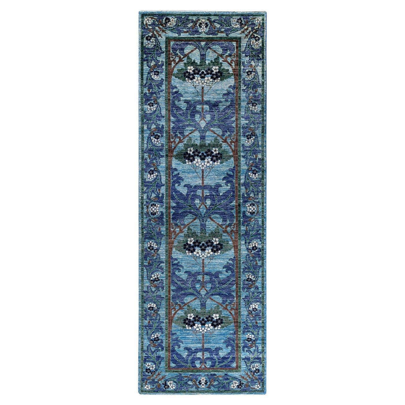 Hand Rummer Contemporary Arts and Crafts Hand Knotted Wool Blue Runner For Sale at ...