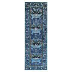 Contemporary Arts & Crafts Hand Knotted Wool Blue Runner
