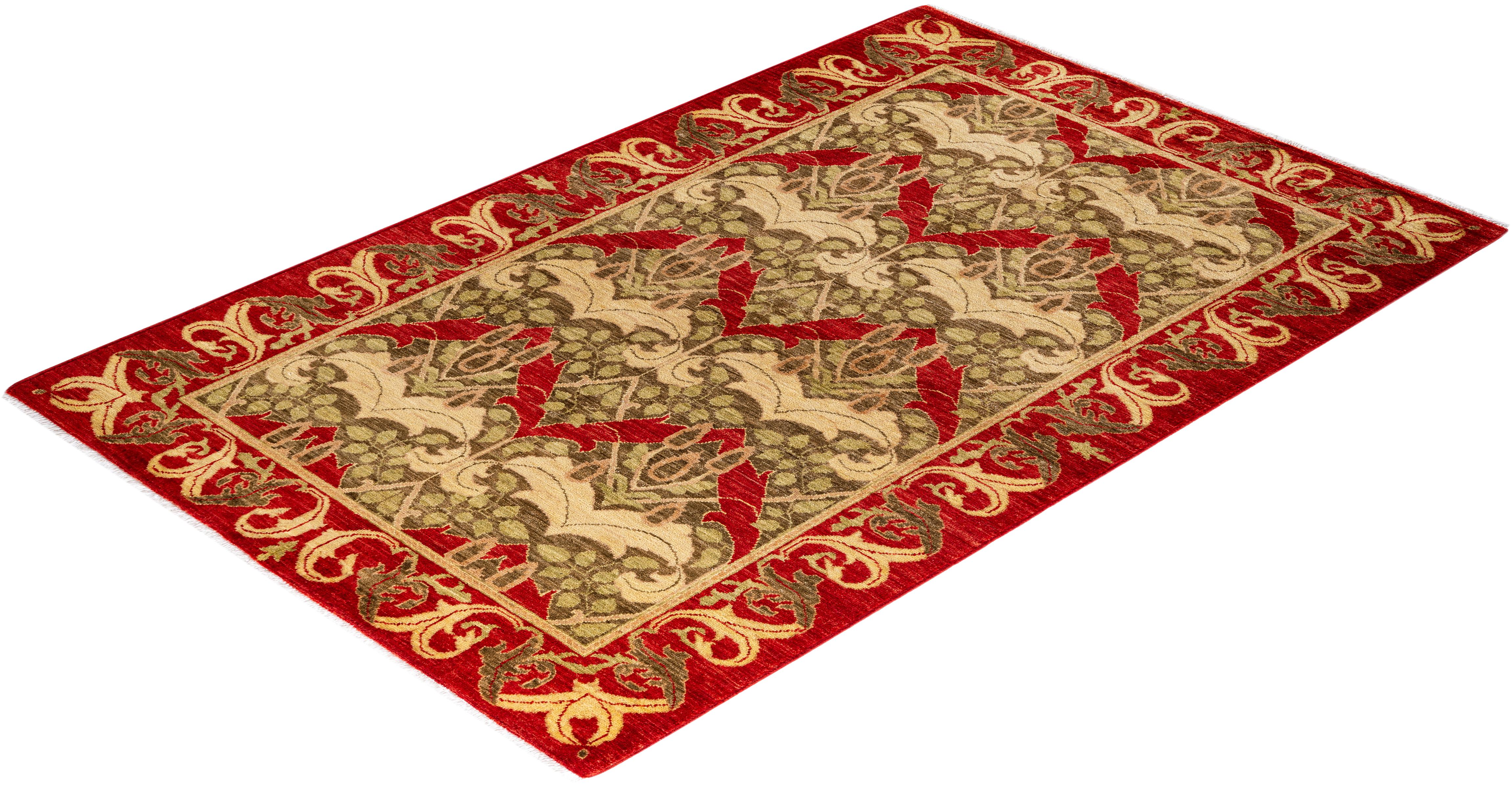 Contemporary Arts & Crafts Hand Knotted Wool Gold Area Rug  For Sale 4