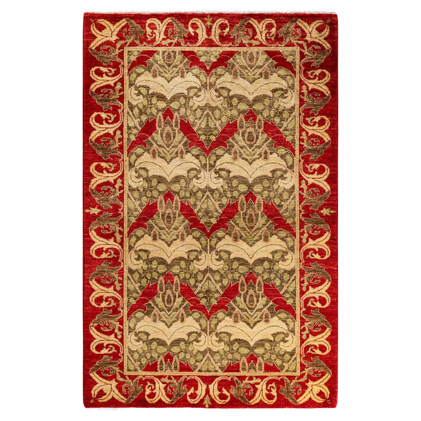 Contemporary Arts & Crafts Hand Knotted Wool Gold Area Rug  For Sale