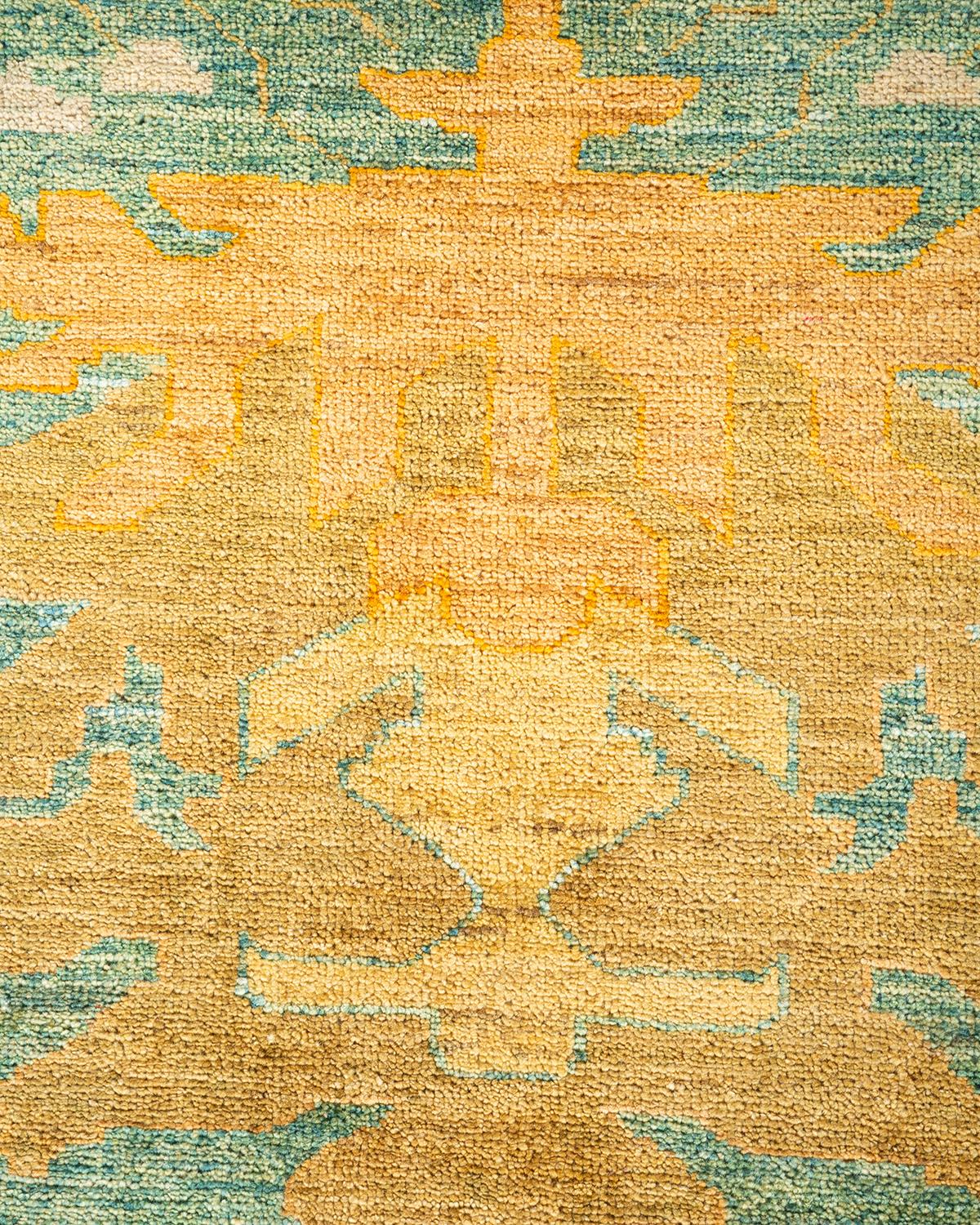 Pakistani Contemporary Arts & Crafts Hand Knotted Wool Green Area Rug For Sale