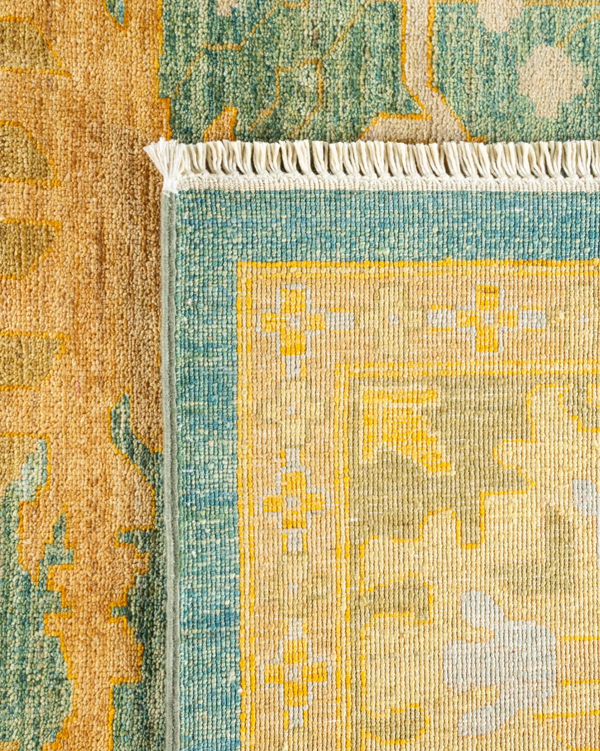 Contemporary Arts & Crafts Hand Knotted Wool Green Area Rug For Sale 1