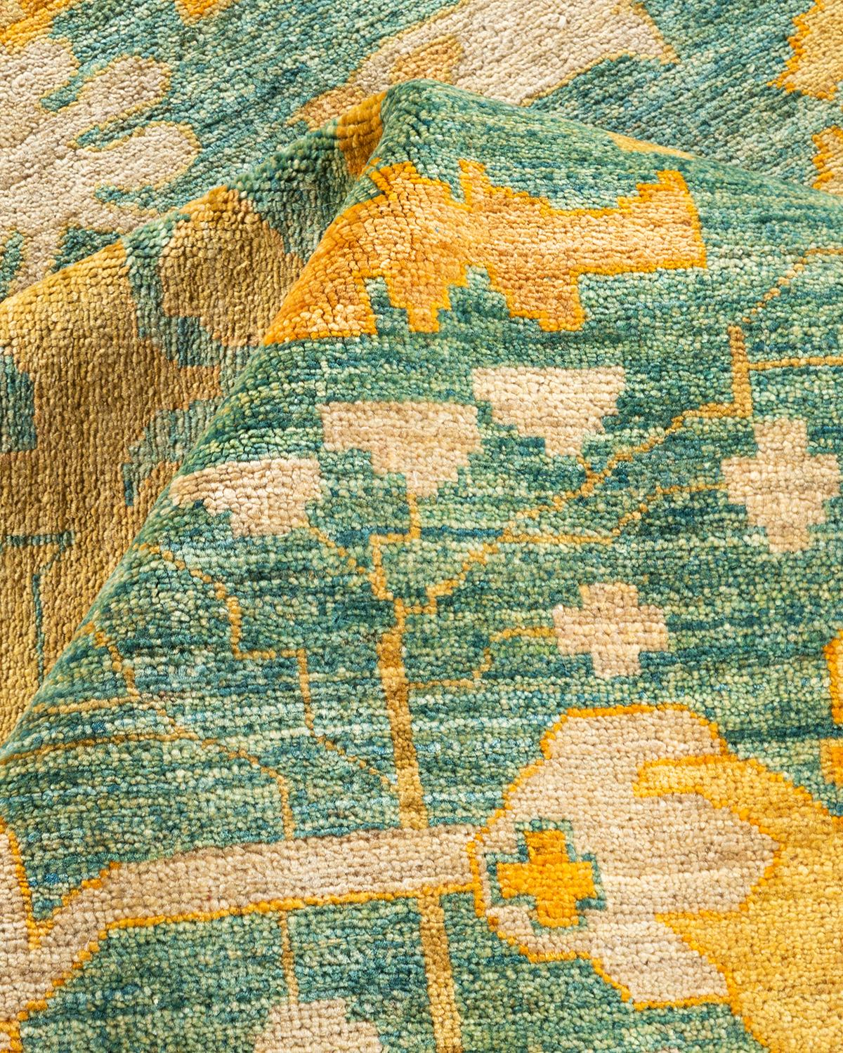 Contemporary Arts & Crafts Hand Knotted Wool Green Area Rug For Sale 3