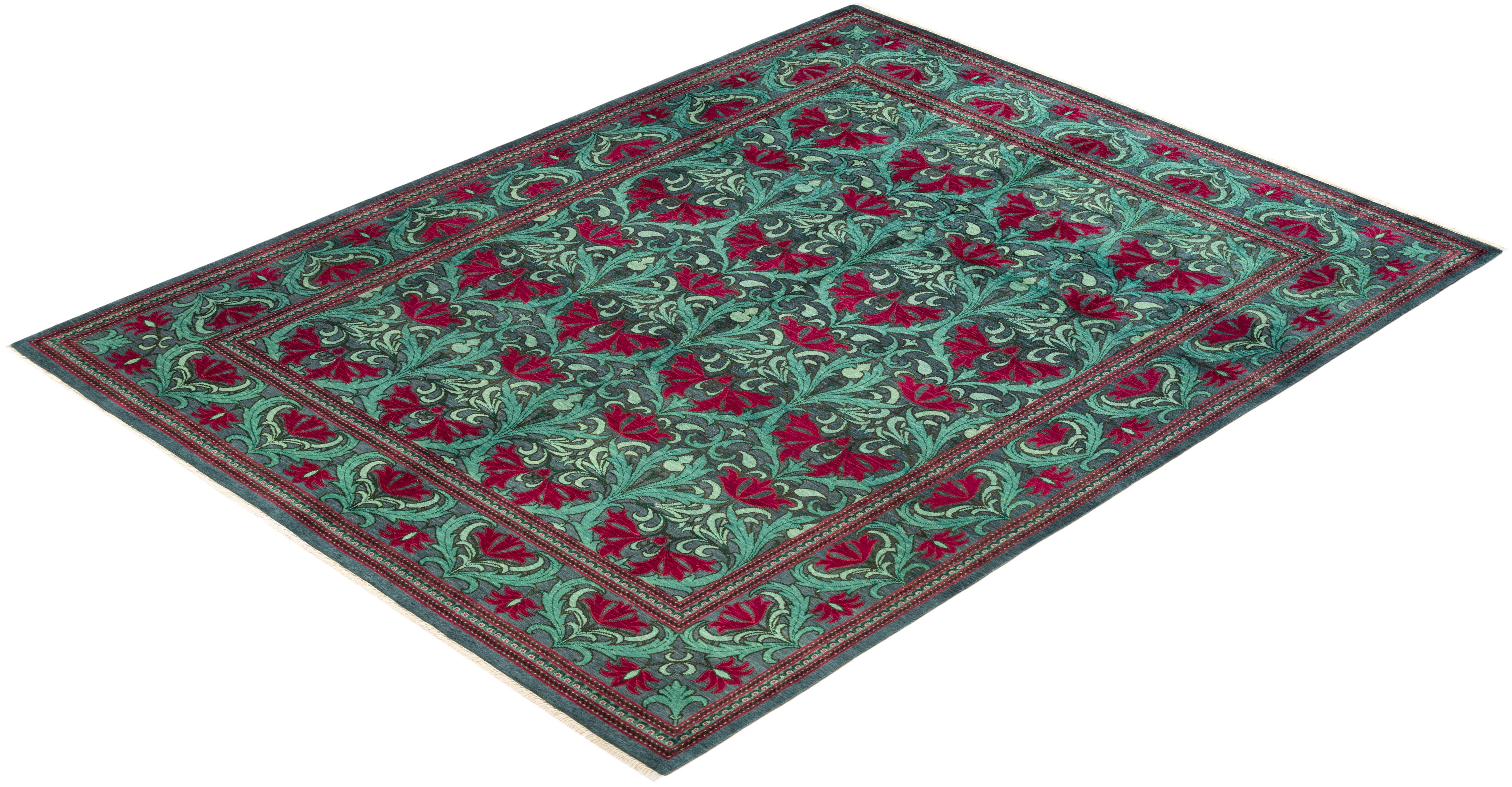 Contemporary Arts & Crafts Hand Knotted Wool Green Area Rug For Sale 4