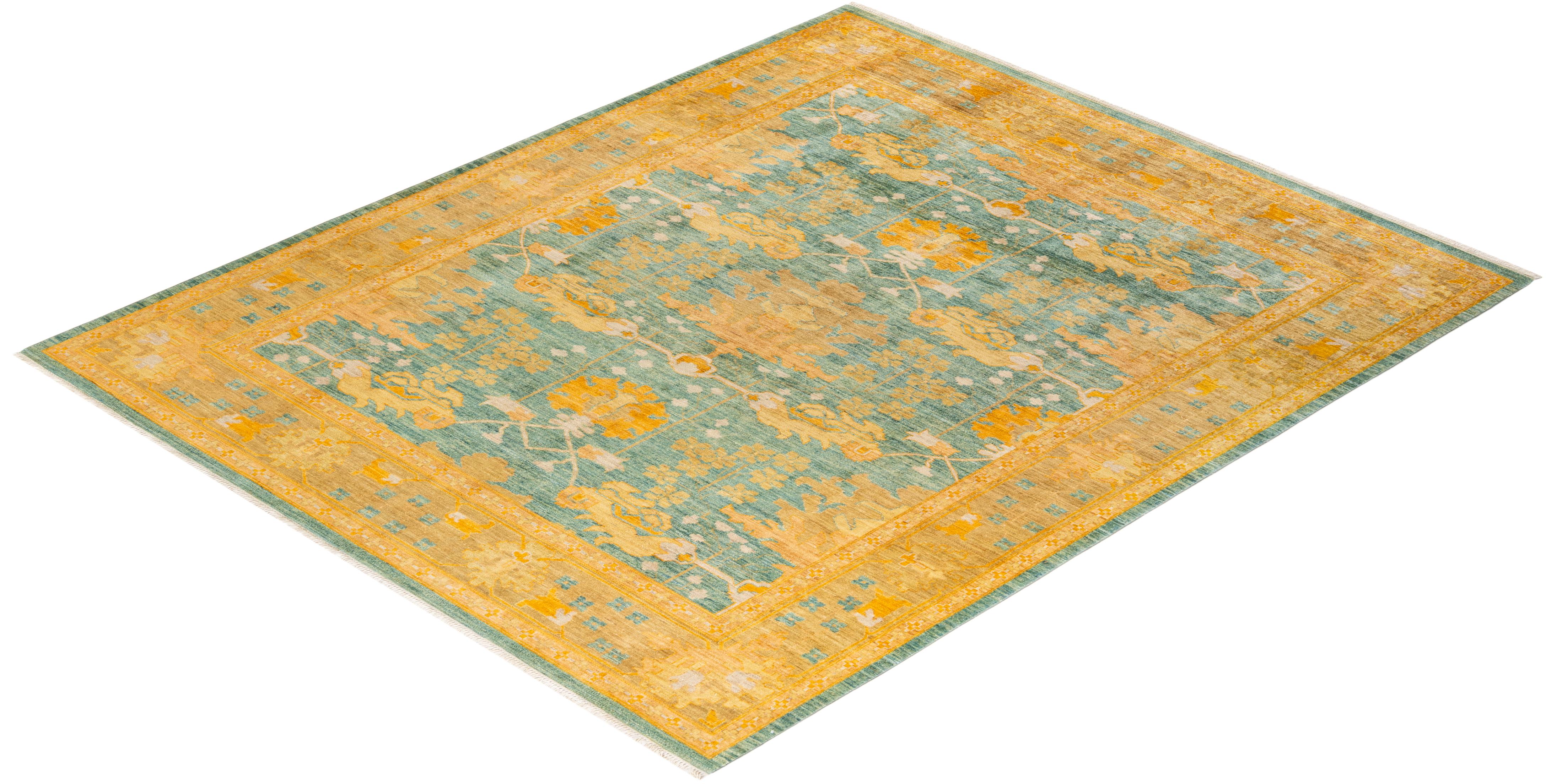 Contemporary Arts & Crafts Hand Knotted Wool Green Area Rug For Sale 4
