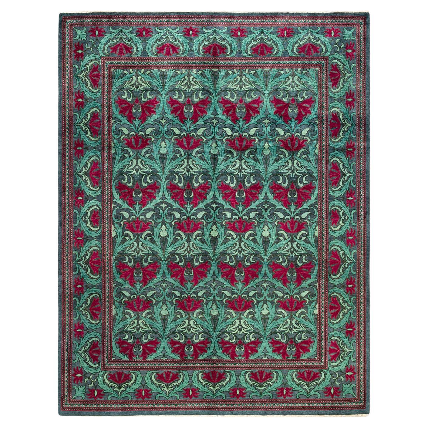 Contemporary Arts & Crafts Hand Knotted Wool Green Area Rug For Sale
