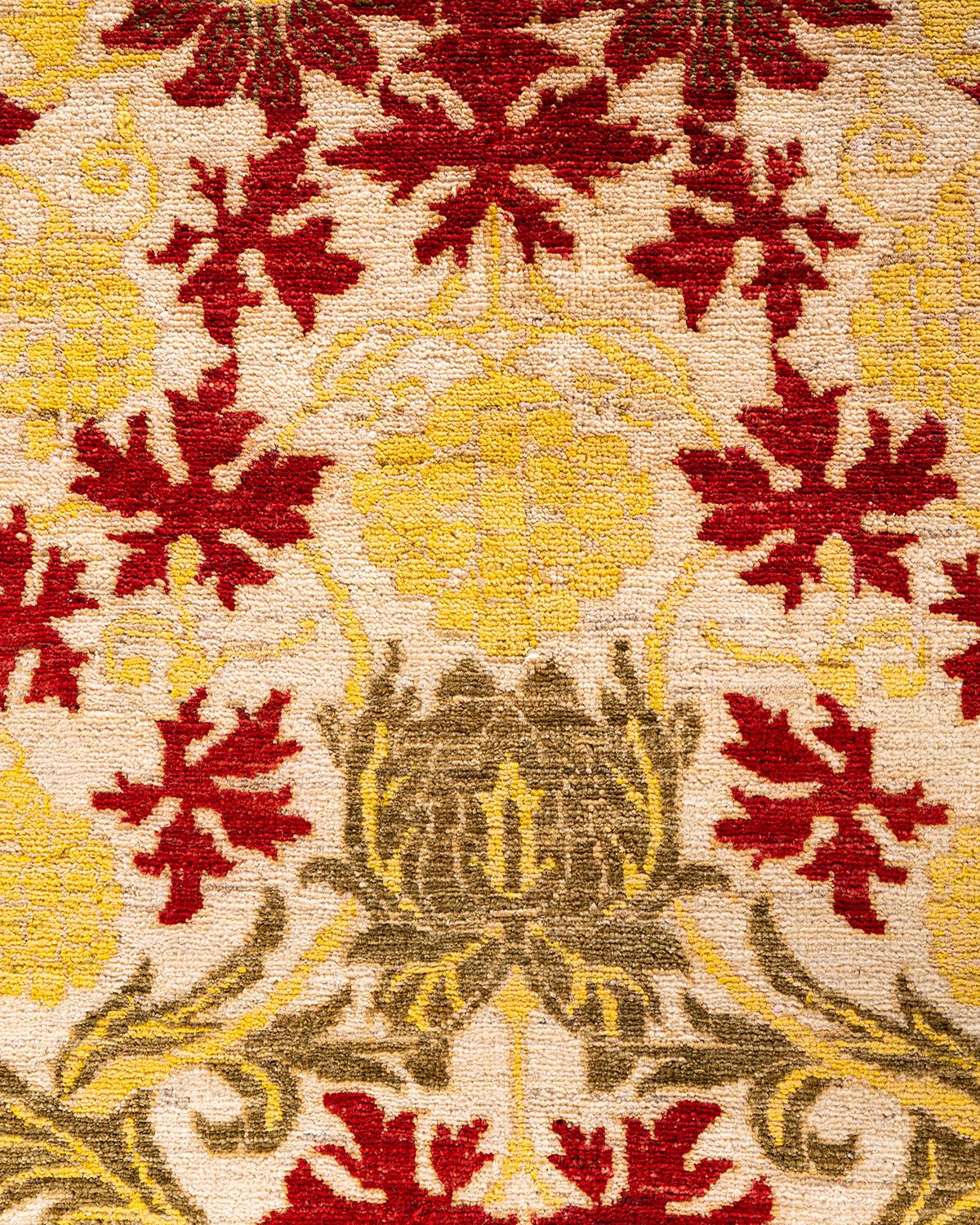 Pakistani Contemporary Arts & Crafts Hand Knotted Wool Ivory Area Rug For Sale