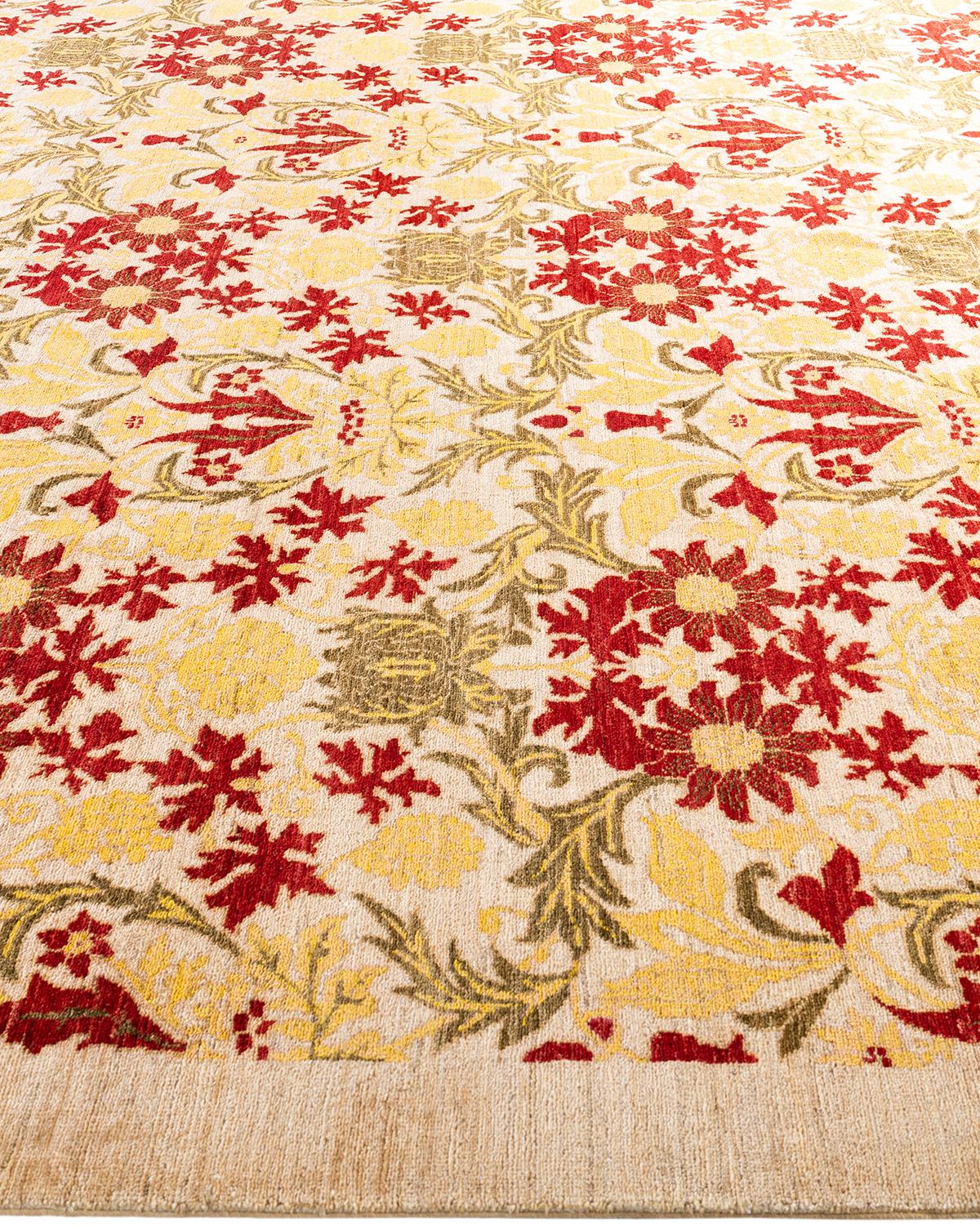 Contemporary Arts & Crafts Hand Knotted Wool Ivory Area Rug In New Condition For Sale In Norwalk, CT