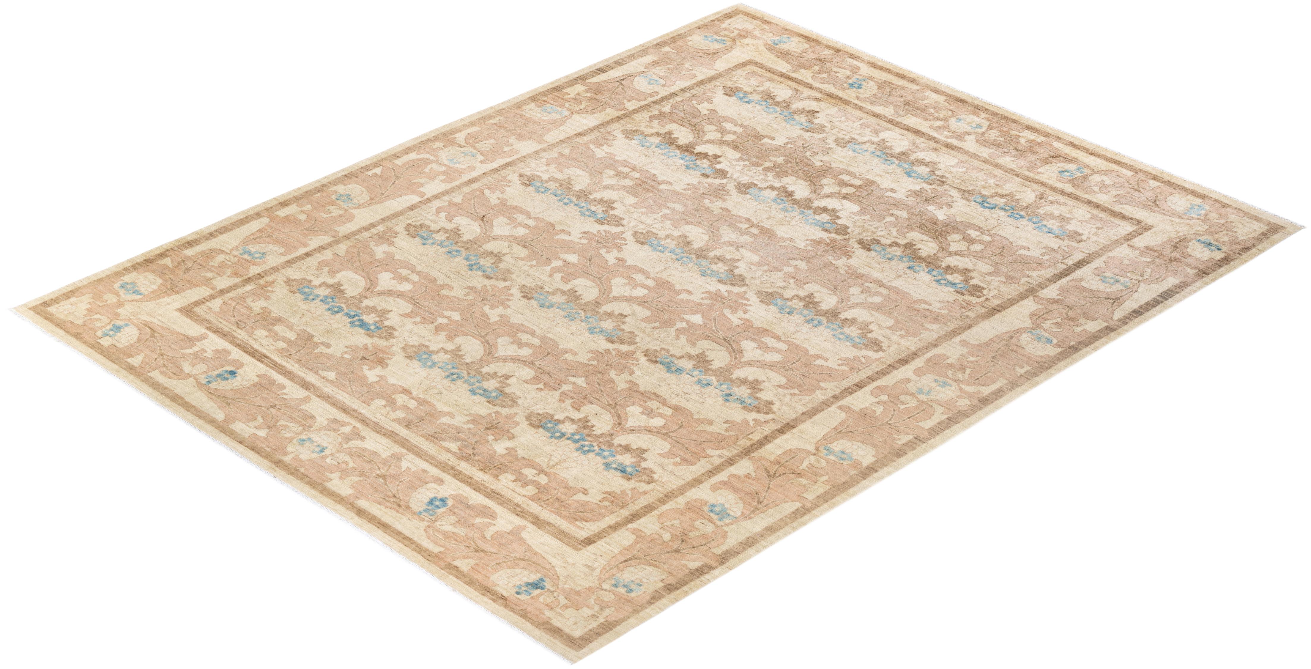 Contemporary Arts & Crafts Hand Knotted Wool Ivory Area Rug For Sale 4