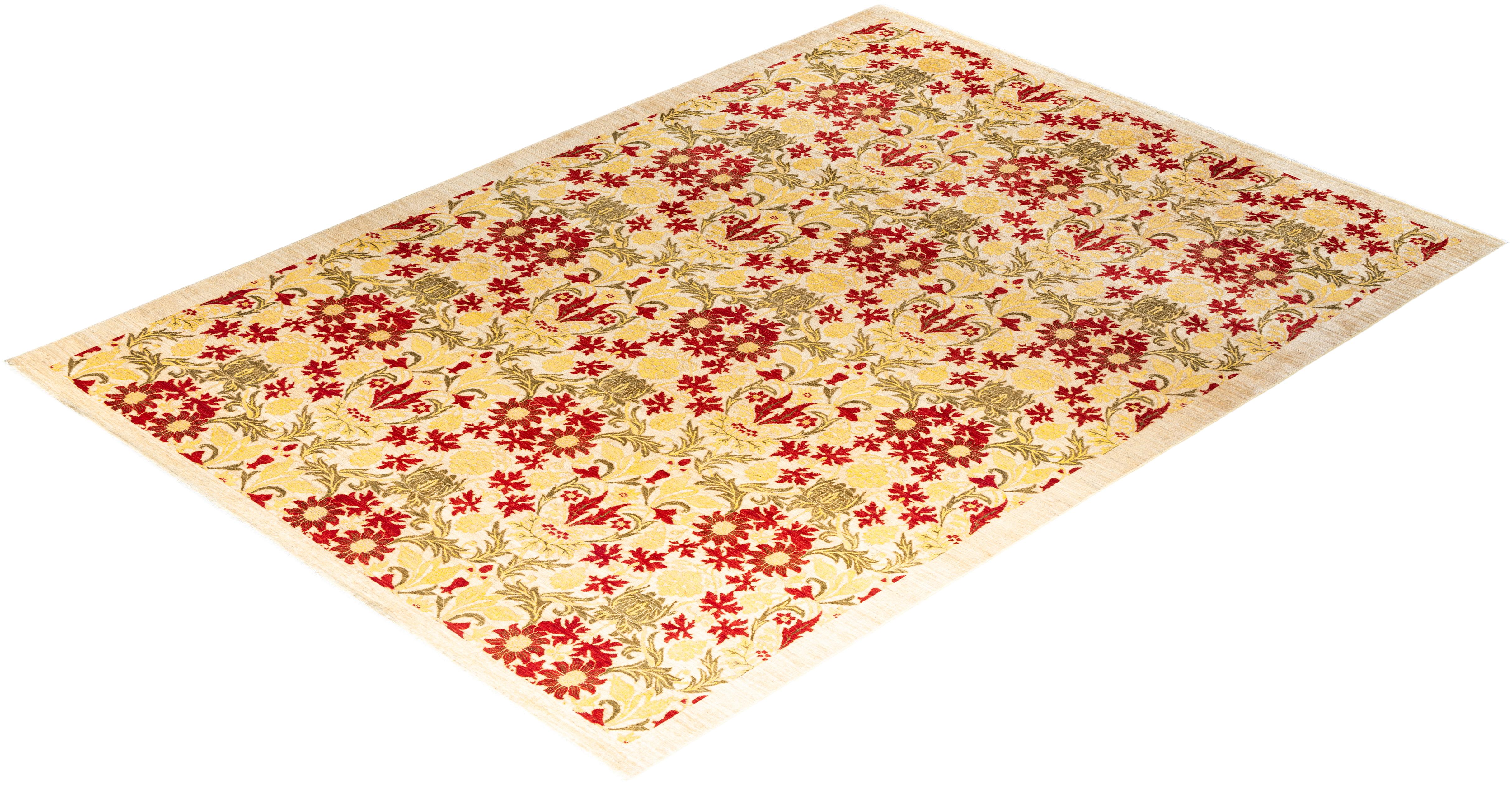 Contemporary Arts & Crafts Hand Knotted Wool Ivory Area Rug For Sale 4