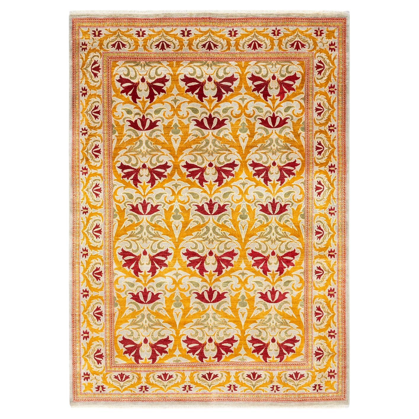 Contemporary Arts & Crafts Hand Knotted Wool Ivory Area Rug For Sale