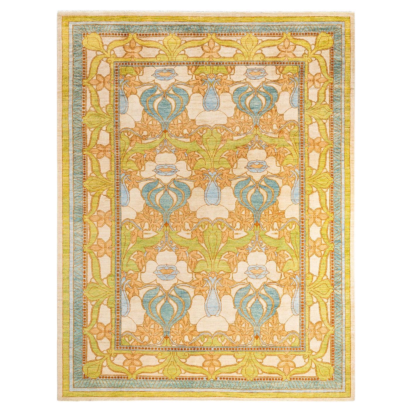 Contemporary Arts & Crafts Hand Knotted Wool Ivory Area Rug For Sale
