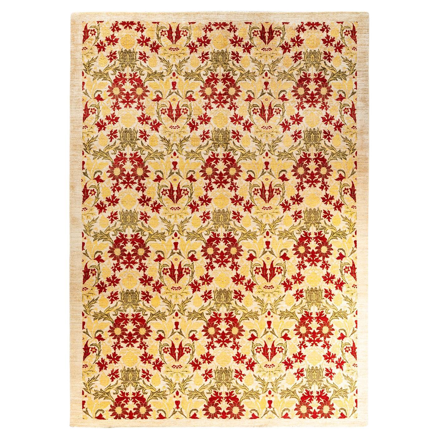 Contemporary Arts & Crafts Hand Knotted Wool Ivory Area Rug