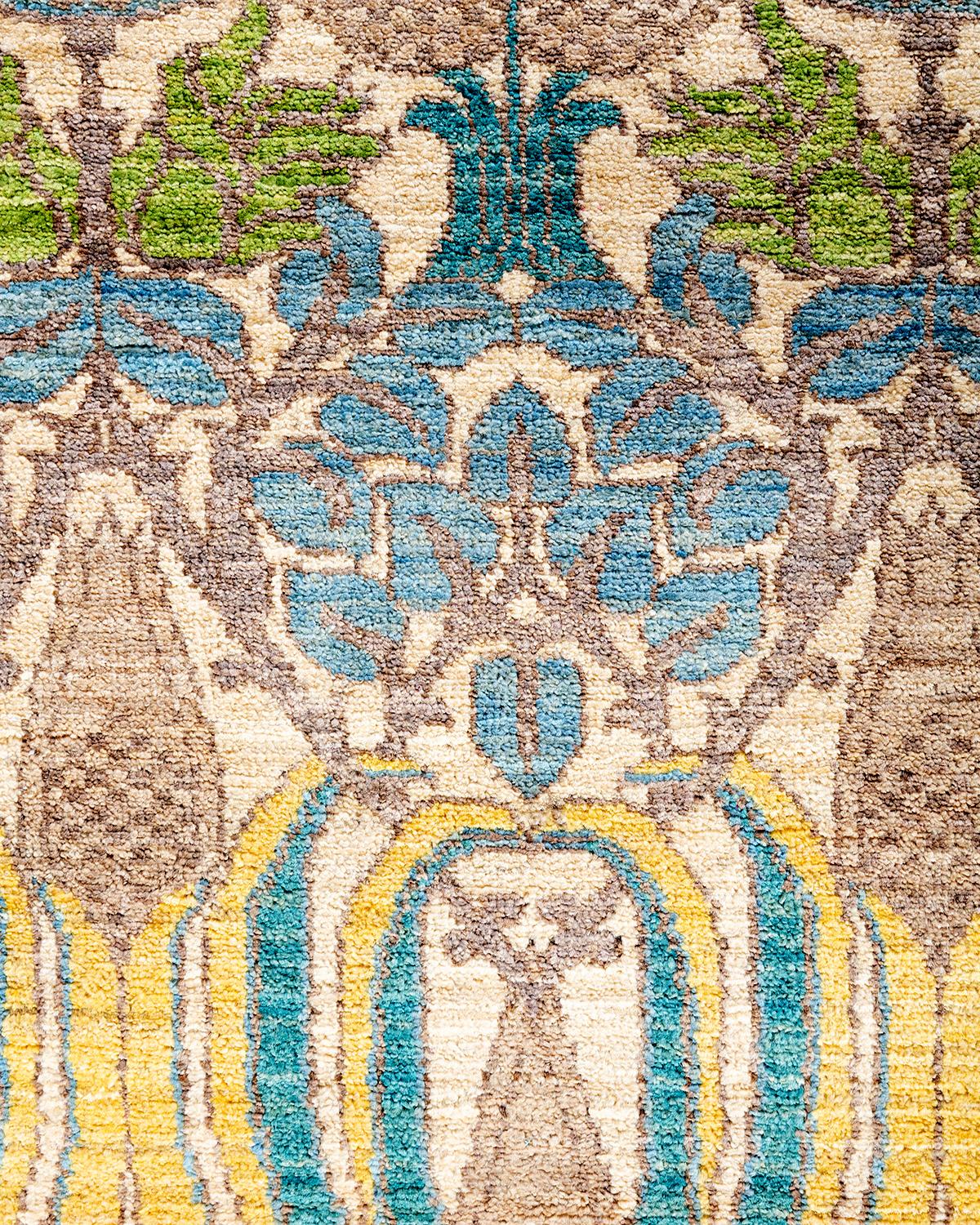 Pakistani Contemporary Arts & Crafts Hand Knotted Wool Ivory Runner 2' 6