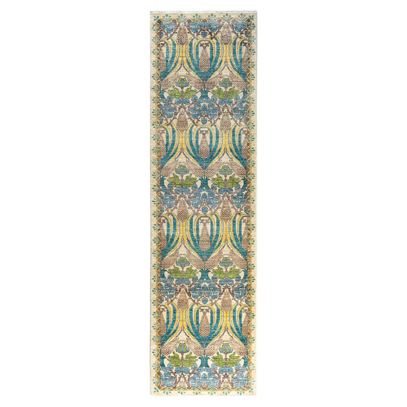 Contemporary Arts & Crafts Hand Knotted Wool Ivory Runner 2' 6" x 9' 3"