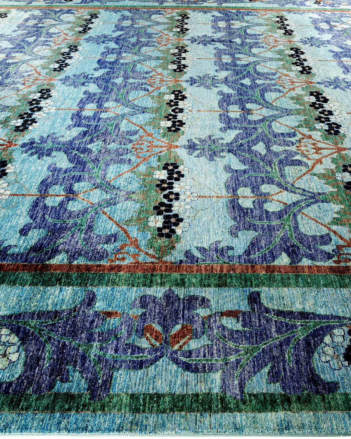 Contemporary Arts & Crafts Hand Knotted Wool Light Blue Area Rug In New Condition For Sale In Norwalk, CT
