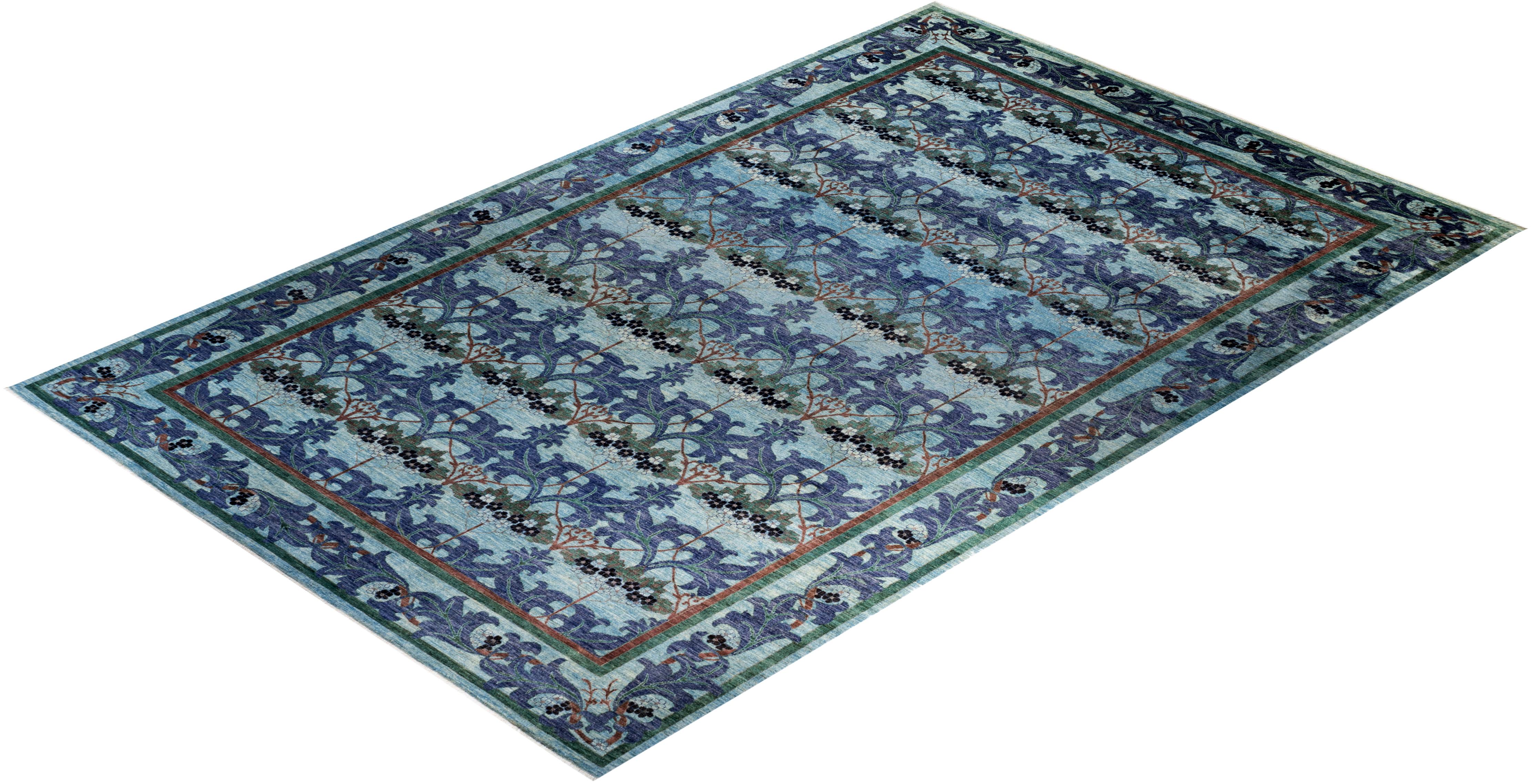 Contemporary Arts & Crafts Hand Knotted Wool Light Blue Area Rug For Sale 4