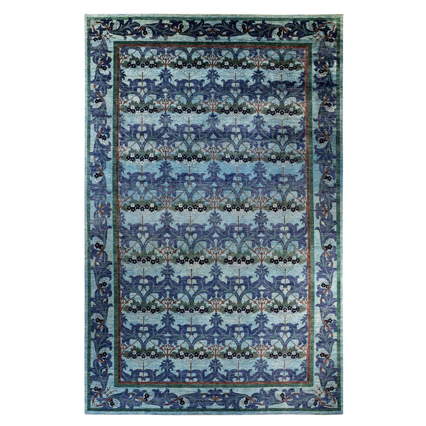 Contemporary Arts & Crafts Hand Knotted Wool Light Blue Area Rug For Sale