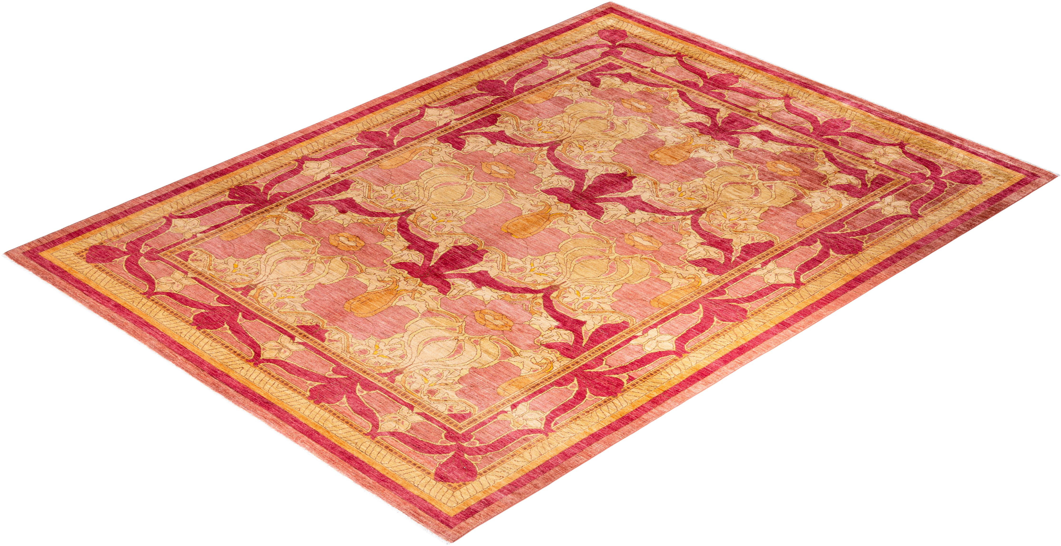 Contemporary Arts & Crafts Hand Knotted Wool Pink Area Rug  im Angebot 2