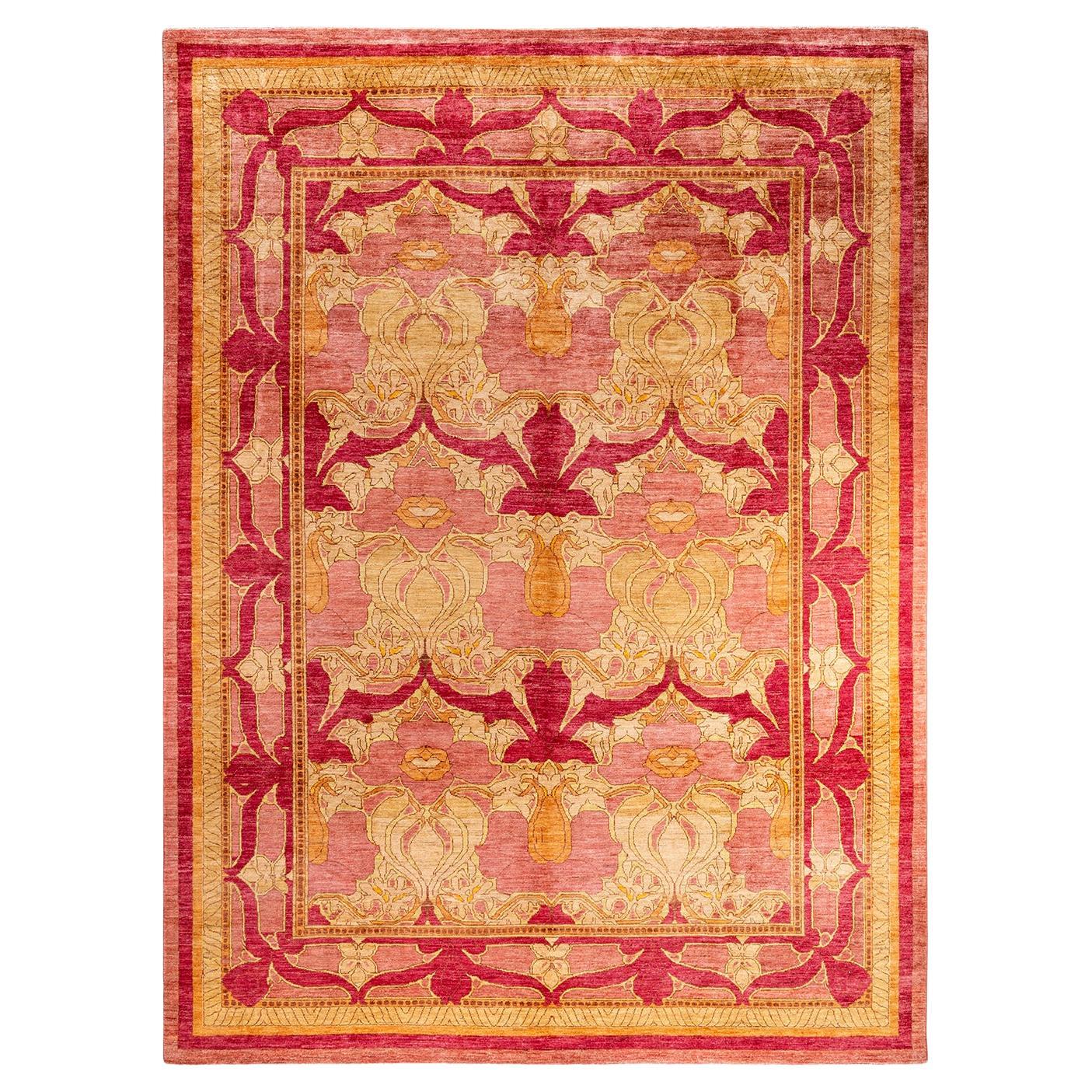 Contemporary Arts & Crafts Hand Knotted Wool Pink Area Rug  For Sale