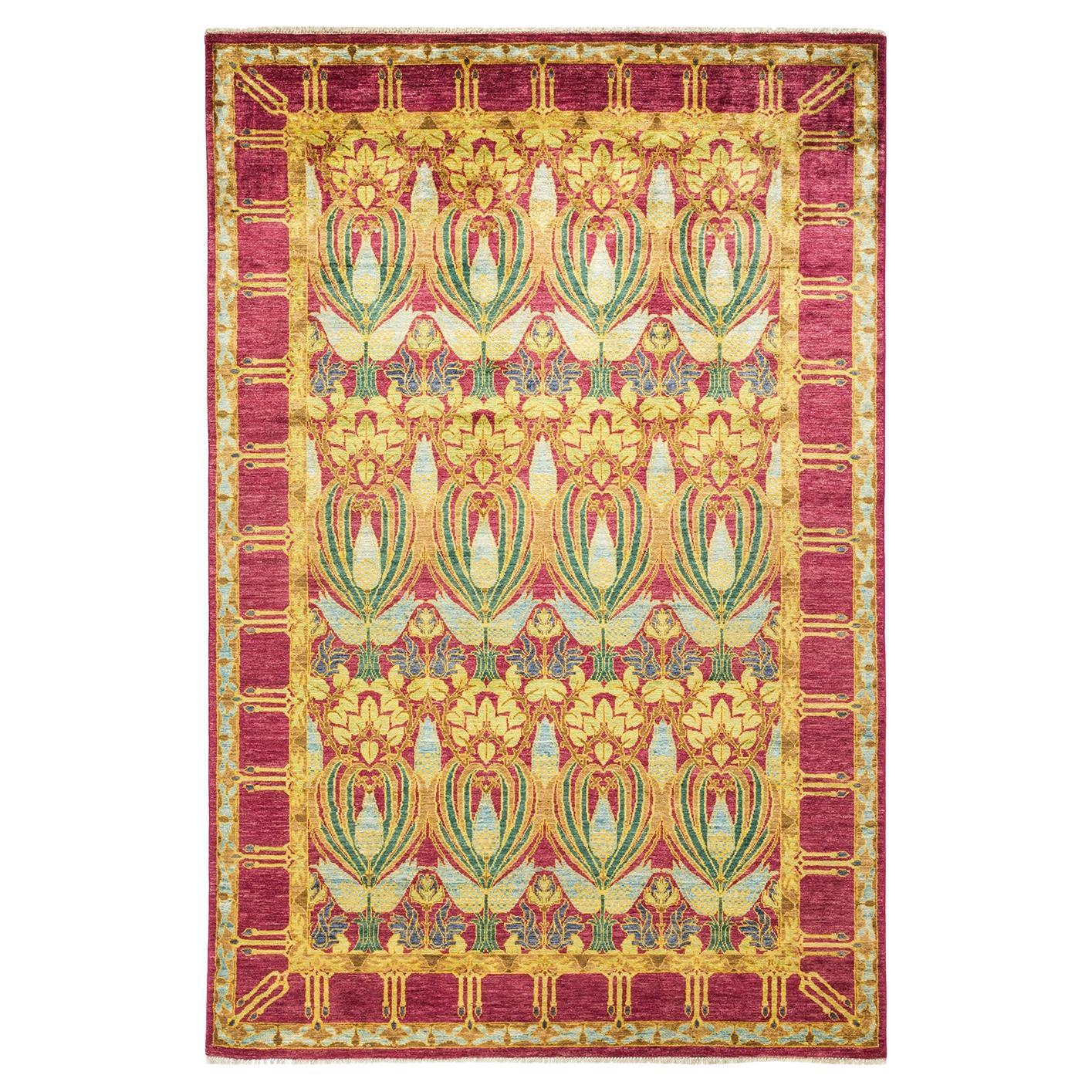 Contemporary Arts & Crafts Hand Knotted Wool Purple Area Rug  For Sale