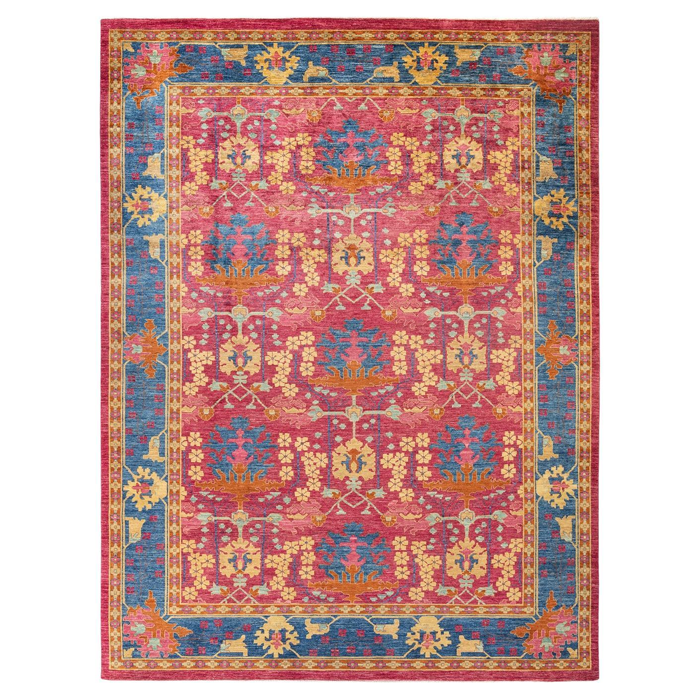 Contemporary Arts & Crafts Hand Knotted Wool Purple Area Rug  For Sale