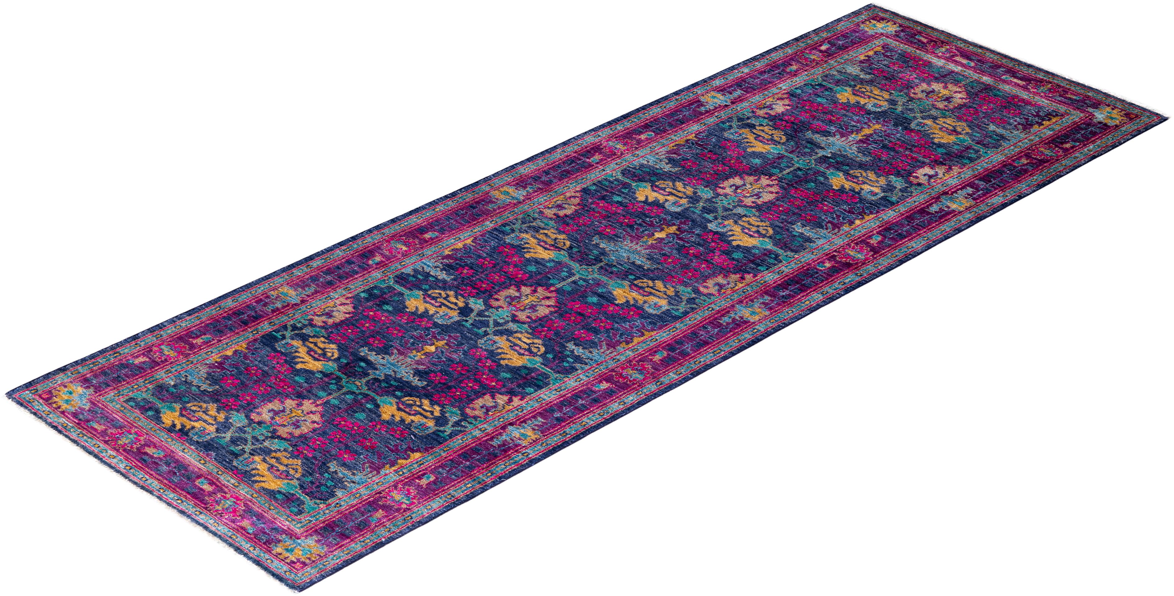 Contemporary Arts & Crafts Hand Knotted Wool Purple Runner  For Sale 4