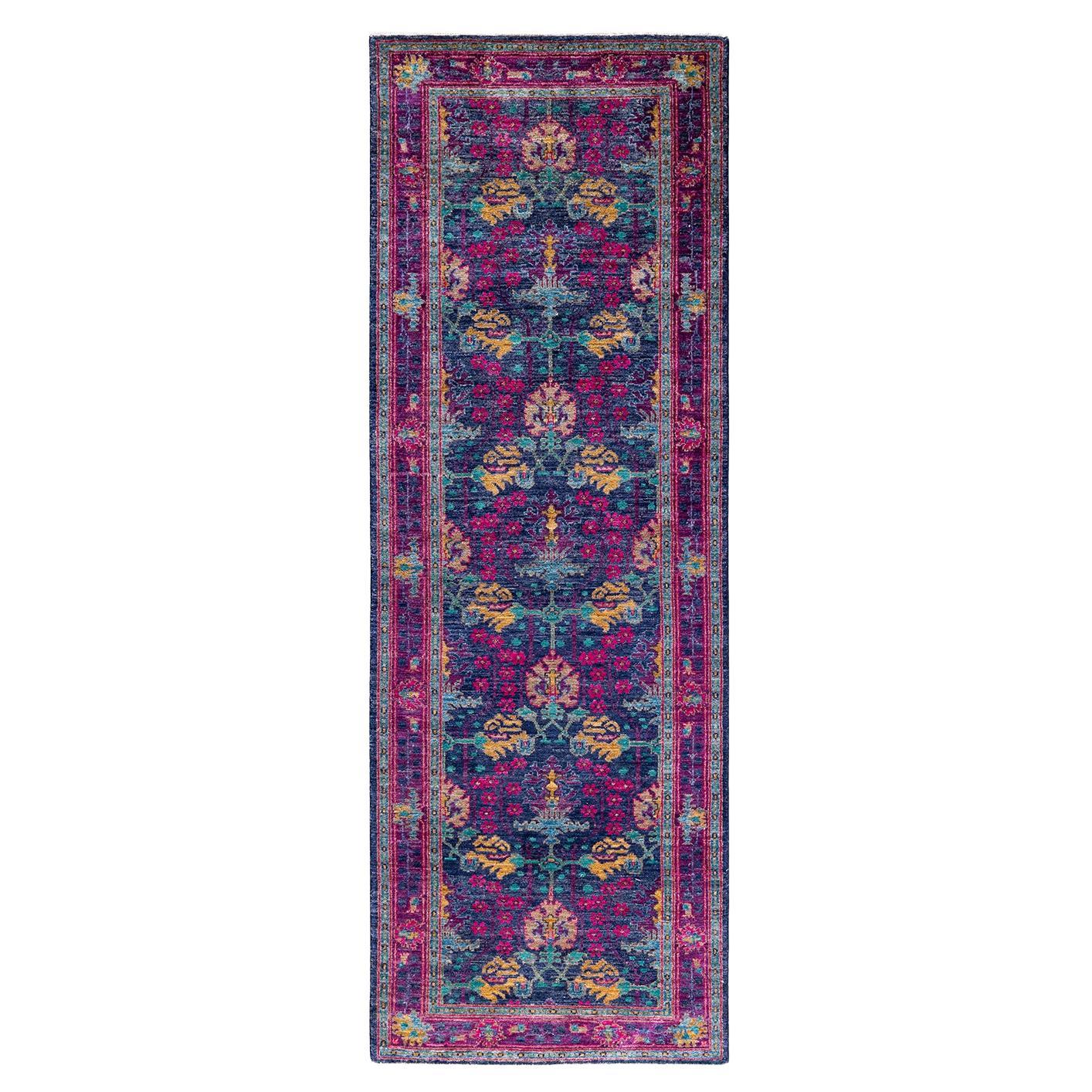 Contemporary Arts & Crafts Hand Knotted Wool Purple Runner  For Sale