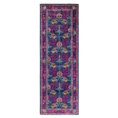 Contemporary Arts & Crafts Hand Knotted Wool Purple Runner 