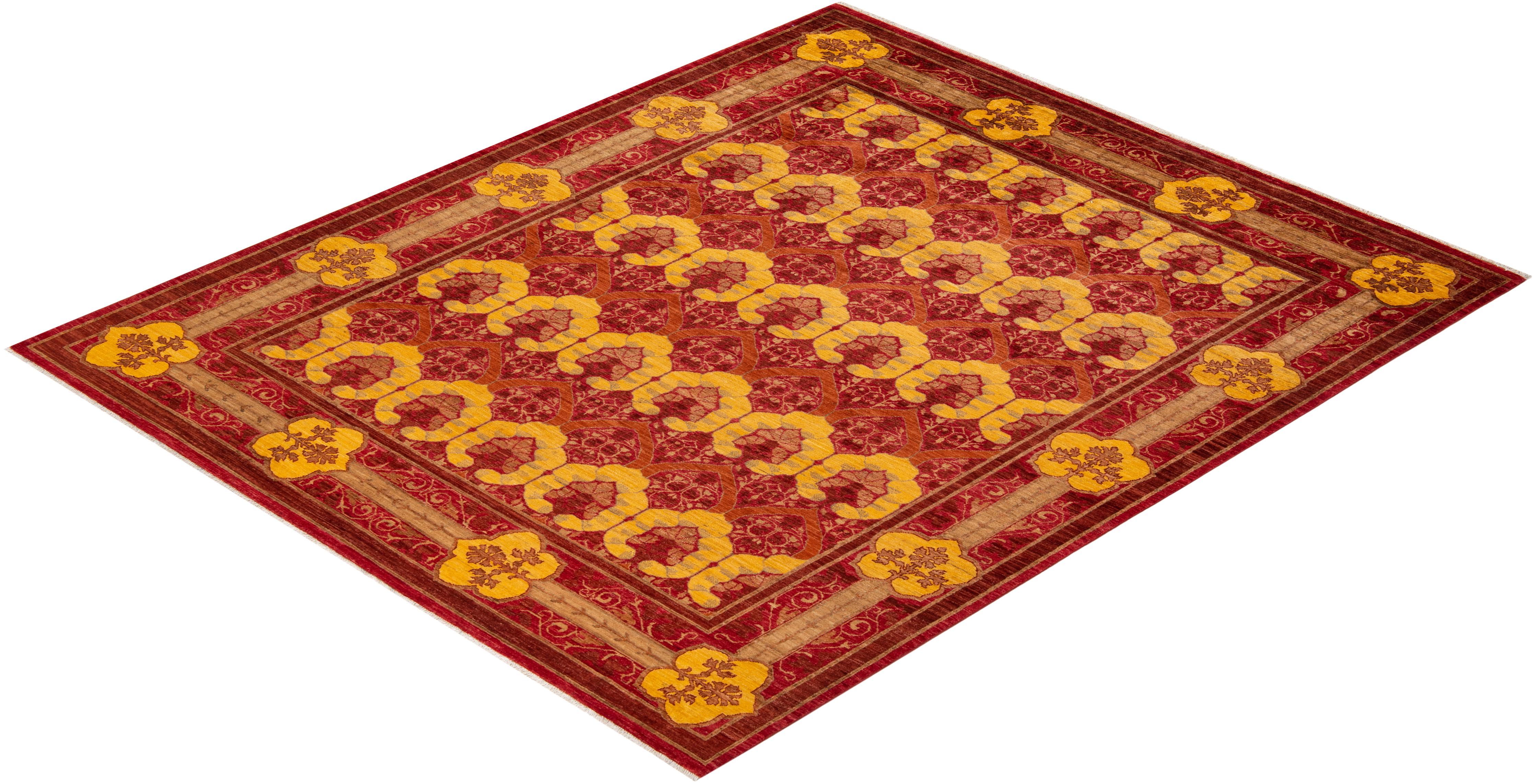Contemporary Arts & Crafts Hand Knotted Wool Red Area Rug For Sale 4