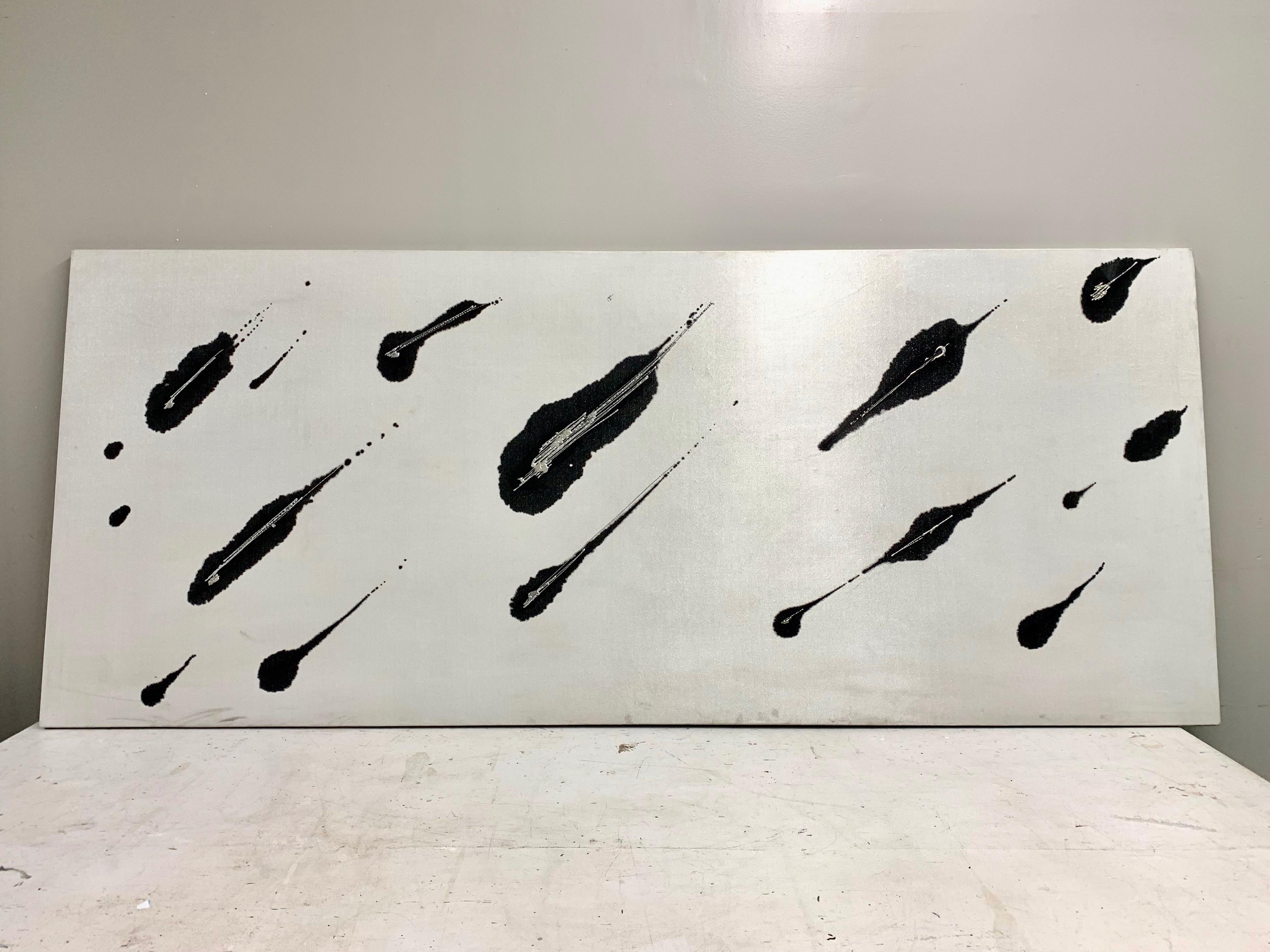 Oversize modern contemporary painting/artwork from Italian artist from Southern Italy (signed and labeled on the back) dated 2008 exhibited in a private showing in New York in 2008. Lurex fabric, acrylic, tin, Industrial materials blend into an