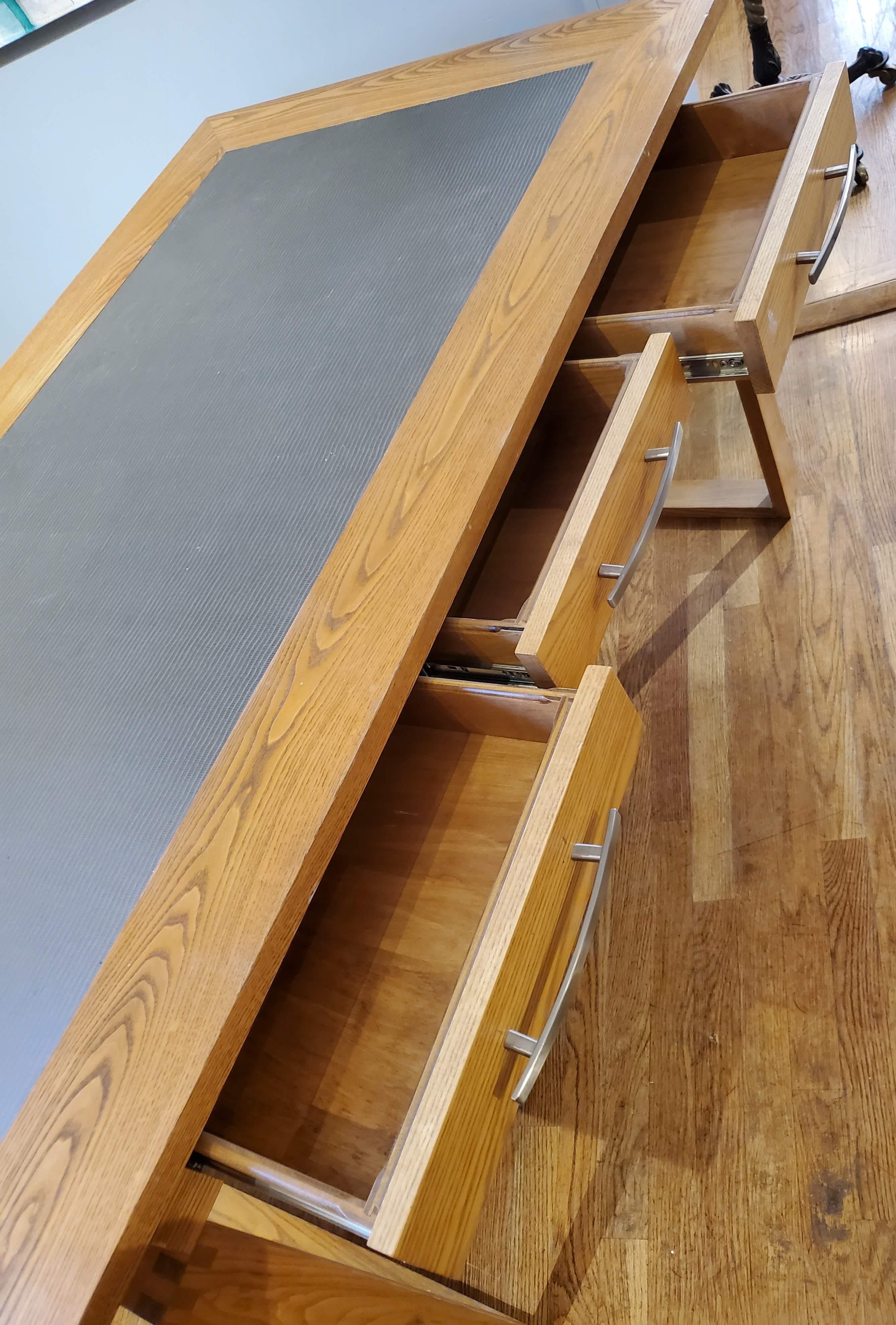 Modern Honey Color Ash Wood and Gray Faux Leather Desk with Three Drawers In Good Condition For Sale In Middleburg, VA