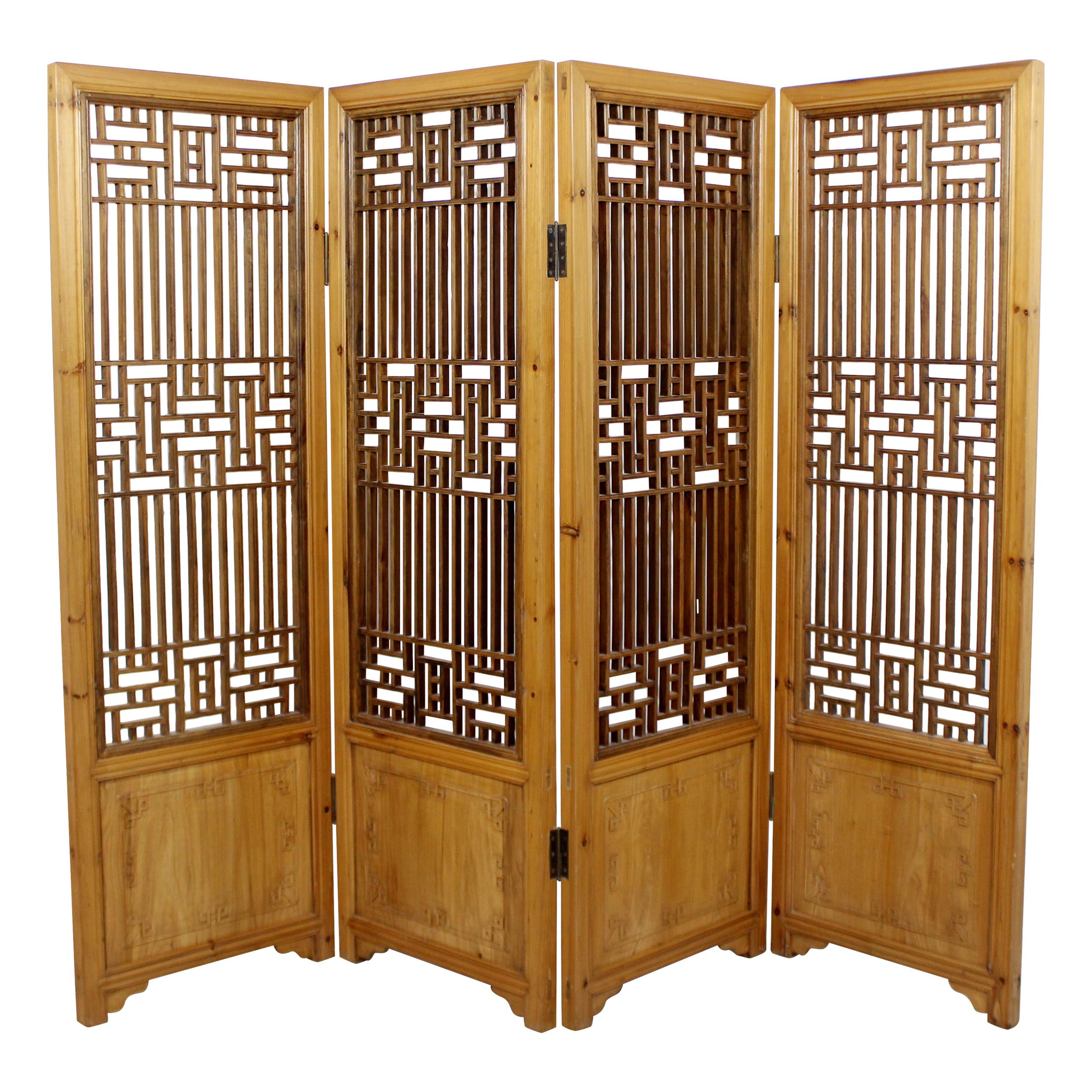 Contemporary Asian 4-Panel Wood Room Divider Screen, 1990s